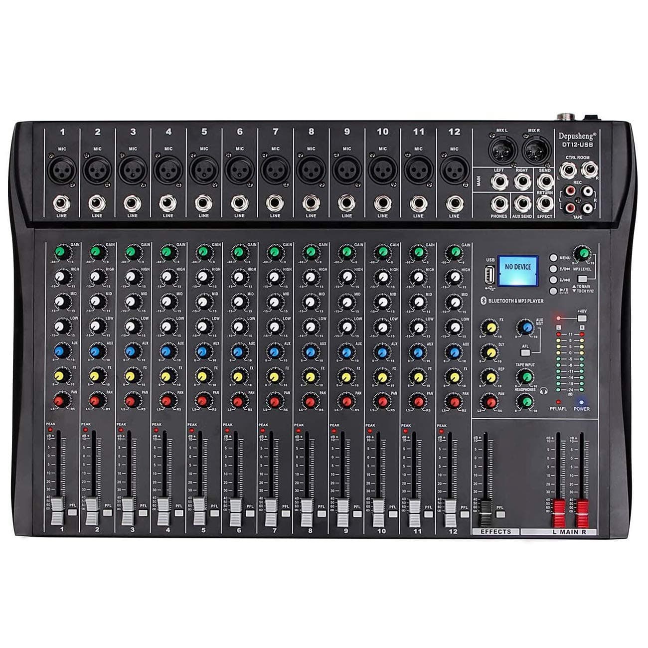 Depusheng DT12 Studio Audio Mixer 12-Channel DJ Sound Controller Interface w/USB Drive for Computer Recording Input, XLR Microphone Jack, 48V Power...
