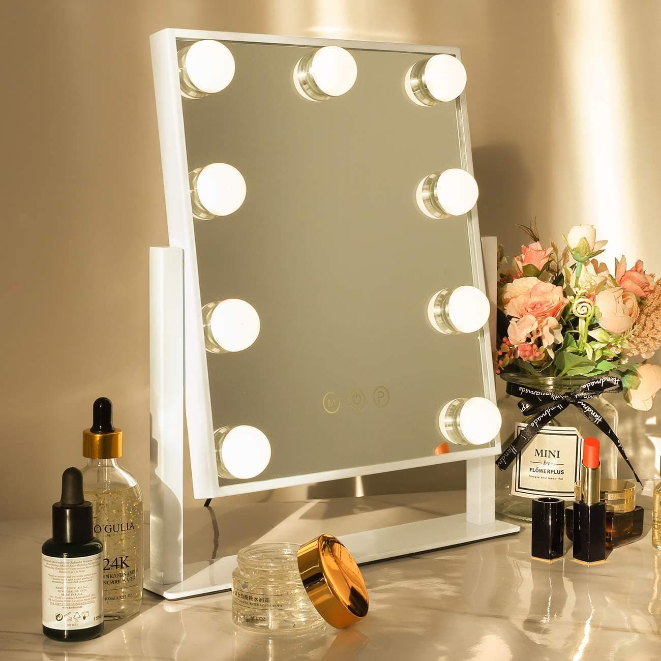 Hansong Vanity Mirror with Lights Light up Vanity Makeup Mirror with 9 LED Bulbs Tabletop Plug in Makeup Mirror with Lights 360 Rotation with 10x M...