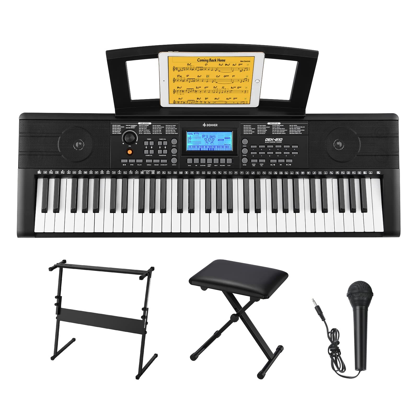 Donner Keyboard Piano, 61 Key Piano Keyboard, Full Size Electric Piano with Piano Stand, Stool, Microphone and Piano Course App, Supports MP3/USB M...