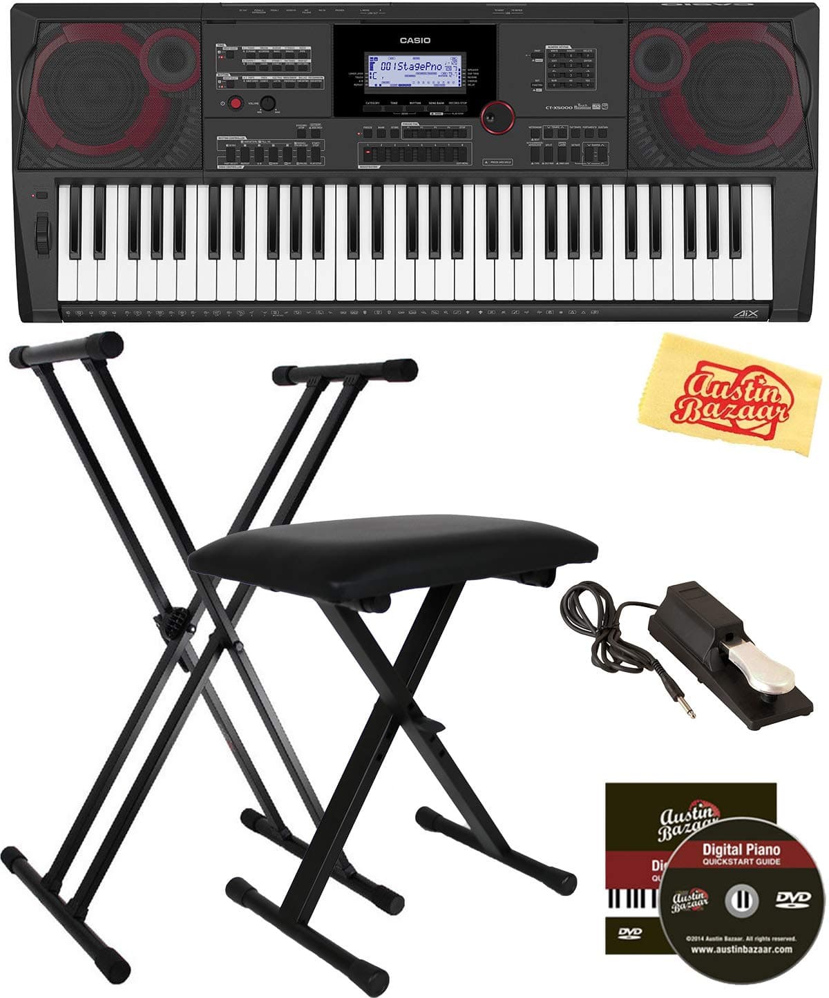 Casio CT-X5000 61-Key Keyboard Bundle with Adjustable Stand, Bench, Sustain Pedal, Austin Bazaar Instructional DVD, and Polishing Cloth