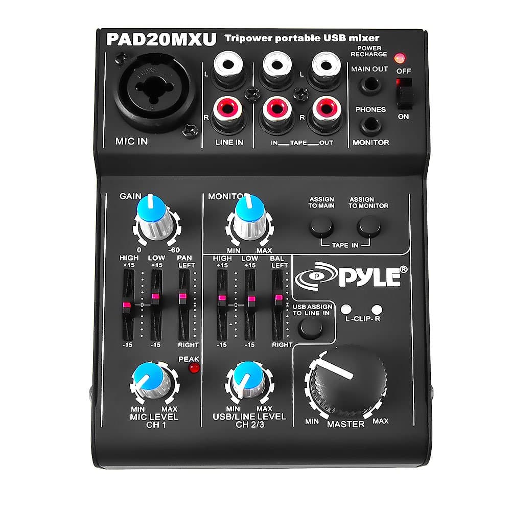 5 Channel Audio Mixer - DJ Sound Controller Interface with USB Soundcard for PC Recording, XLR 3.5mm Microphone Jack, 18V Power, RCA Input and Outp...