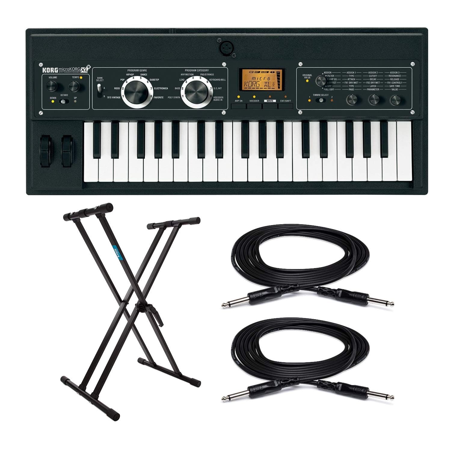 Korg microKORG XL+ 37-Key Synthesizer/Vocoder Bundle with Knox Gear Keyboard Stand & 10ft. 1/4" TS to 1/4" TS Interconnect Cables (4 Items)