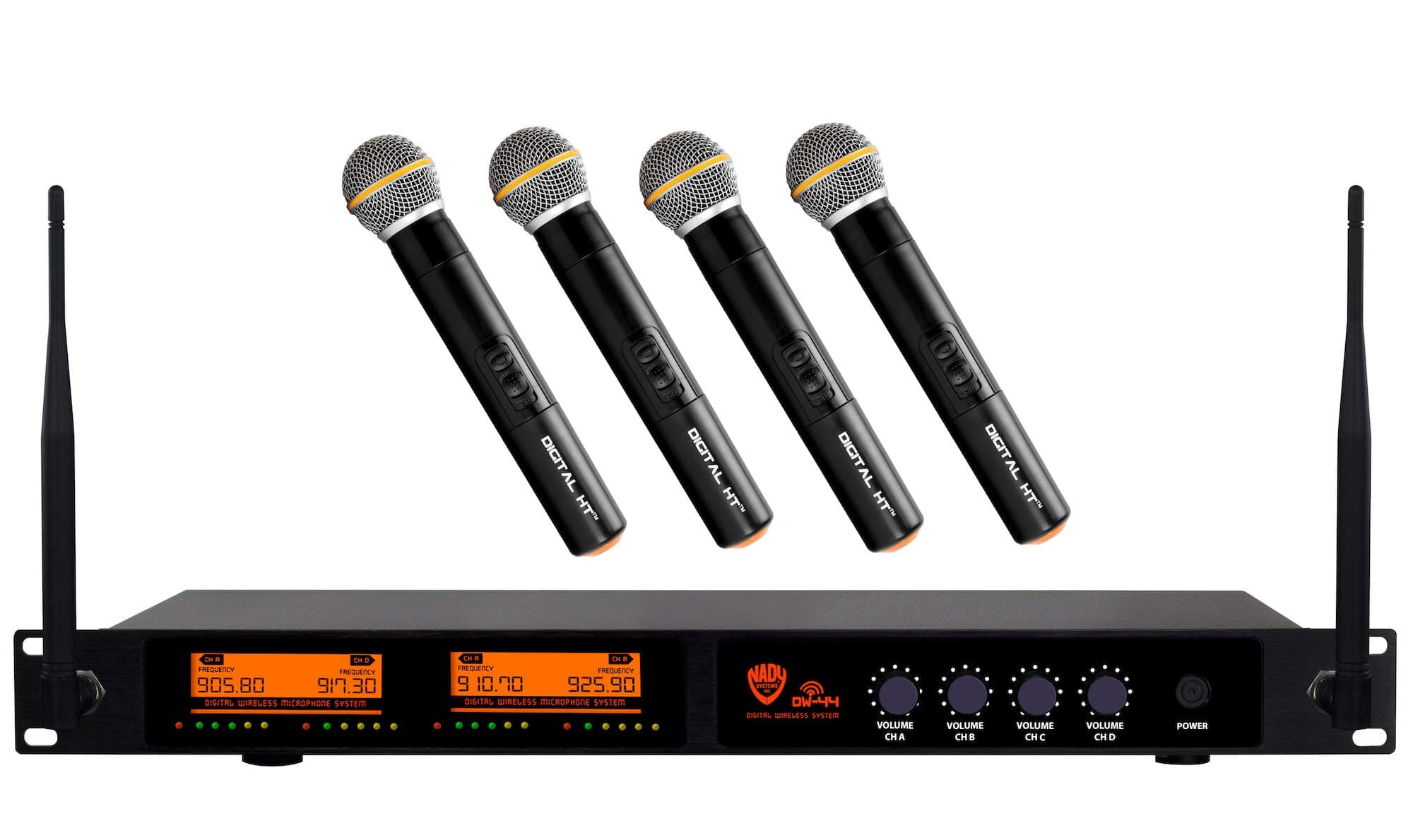 Nady DW-44 Quad Digital Wireless Handheld Microphone System Ultra-Low Latency with QPSK Modulation - Four XLR and Mixed 1/4" outputs - Fixed Fr...
