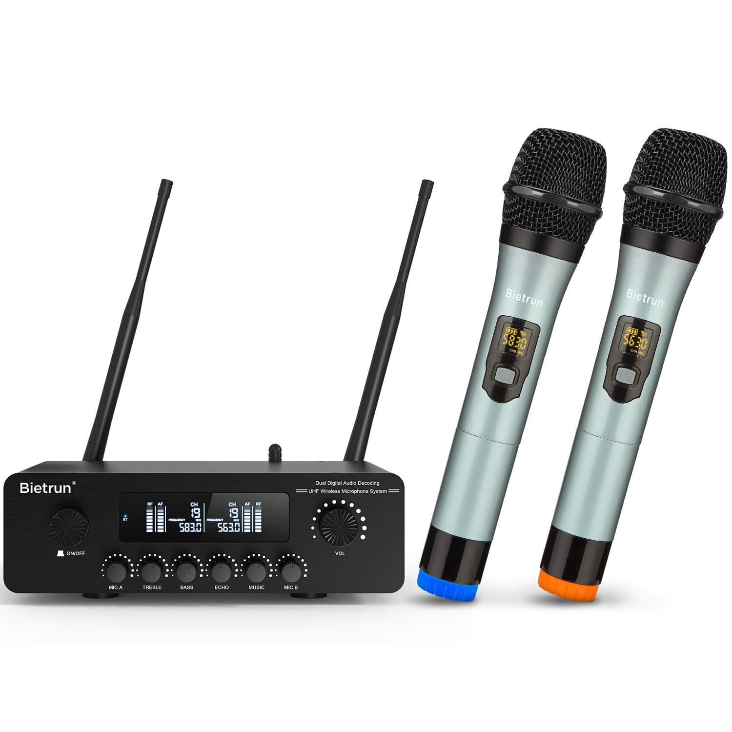 Wireless Microphone with Bluetooth＆Echo/Treble/Bass, 165 ft Range, Bietrun UHF Dual Handheld Cordless Dynamic Mic System for PA System/AMP/Home TV ...