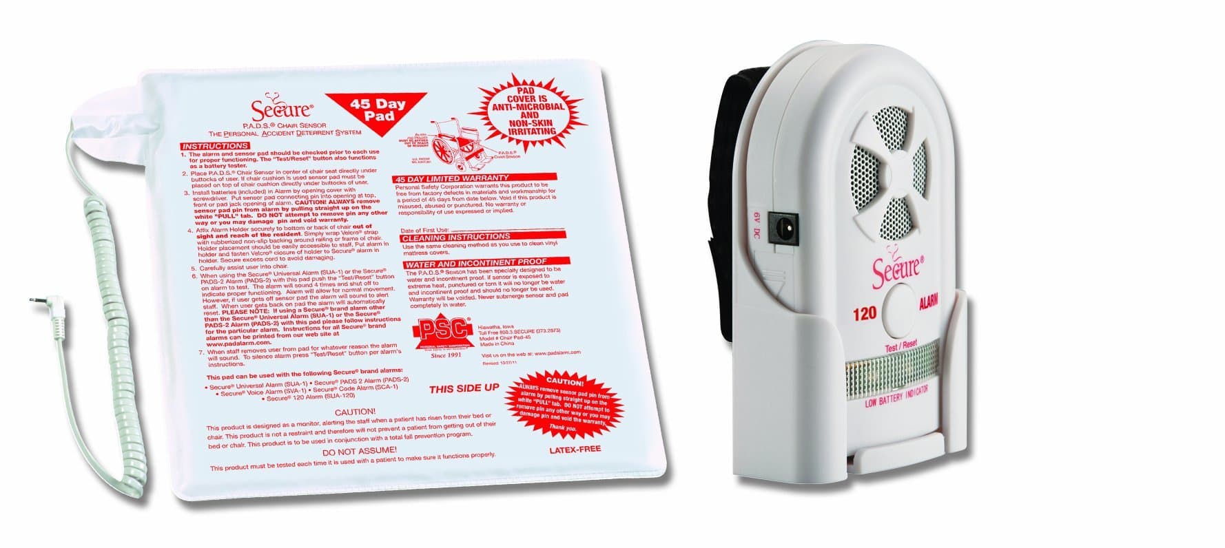 Secure 45CSET-5 Chair Exit Alarm for Fall and Wandering Prevention - 12"x12" Wheelchair Sensor Pad - Caregiver Alert Patient Monitor w/Adju...