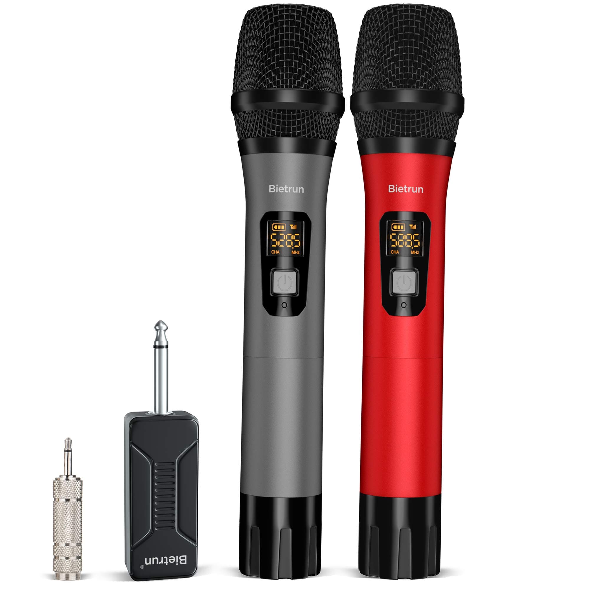 Wireless Microphone, Bietrun UHF Metal Dual Handheld Cordless Dynamic Mic System with Rechargeable Receiver, 1/4‘’Output, for Karaoke, Church, Spee...