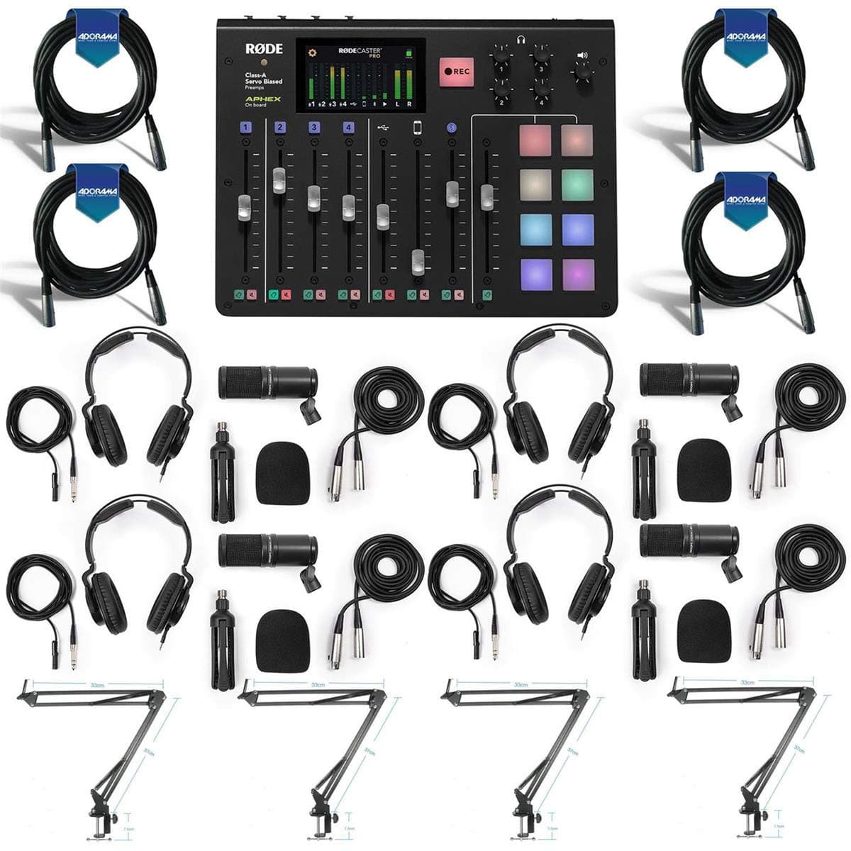 Rode RODECaster Pro Integrated Podcast Production Console - Bundle With 4x Zoom ZDM-1 Podcast Microphone Pack, 4x Technical Pro ARM1 Mic Suspension...