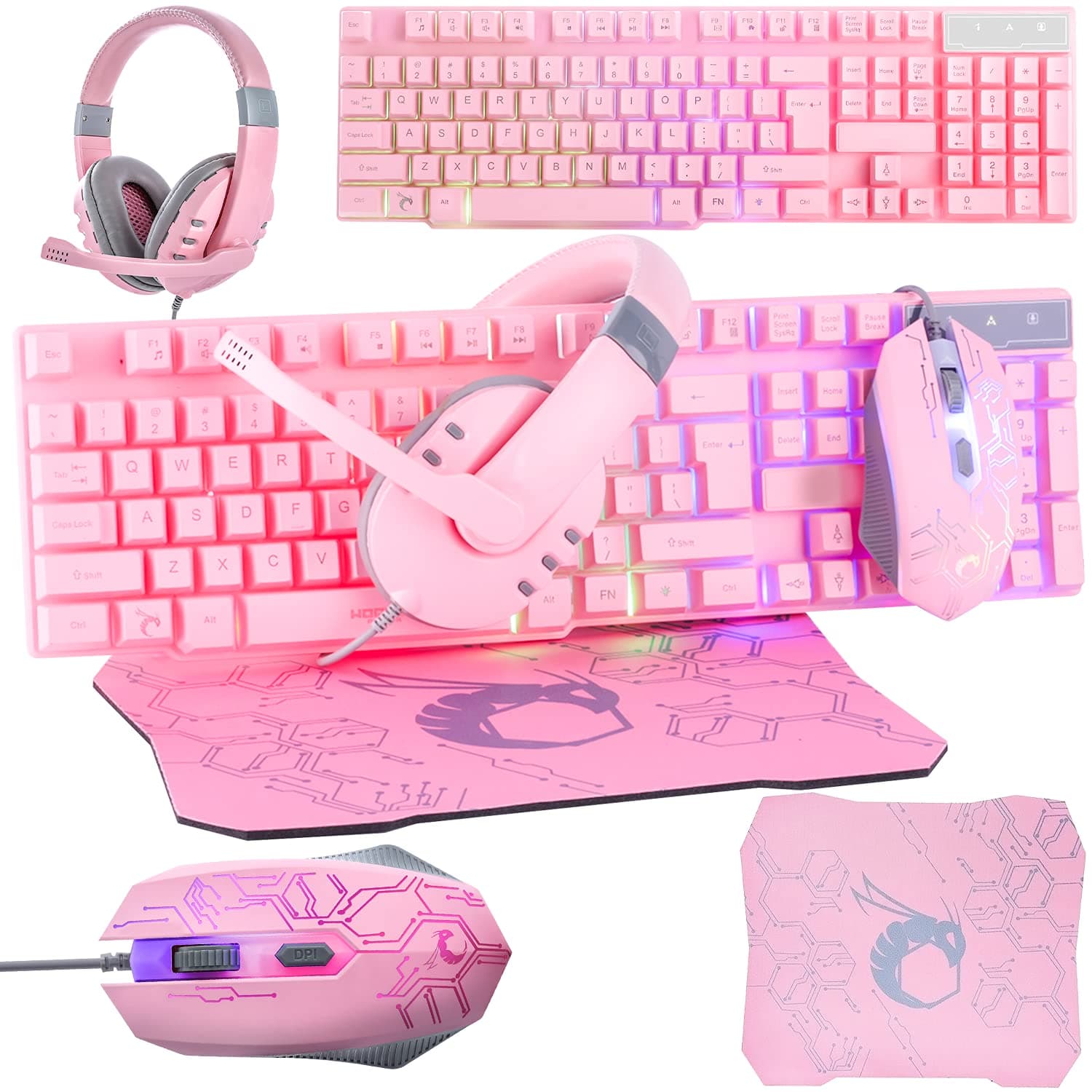 Pink Gaming Keyboard and Mouse Headset Headphones and Mouse pad, Wired LED RGB Backlight Bundle Pink PC Accessories for Gamers and Xbox and PS4 PS5...