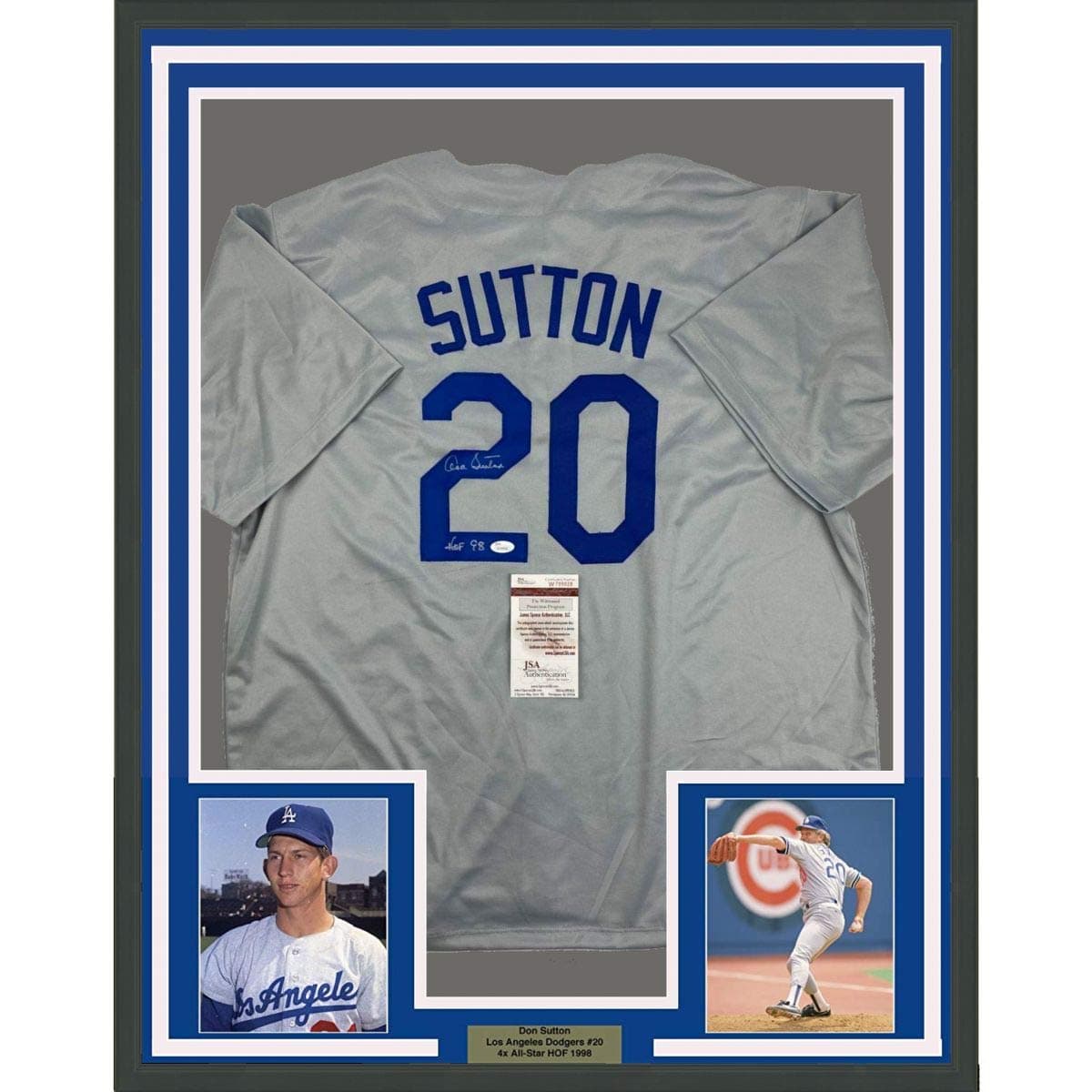 Framed Autographed/Signed Don Sutton HOF 98 33x42 Los Angeles LA Grey Baseball Jersey JSA COA