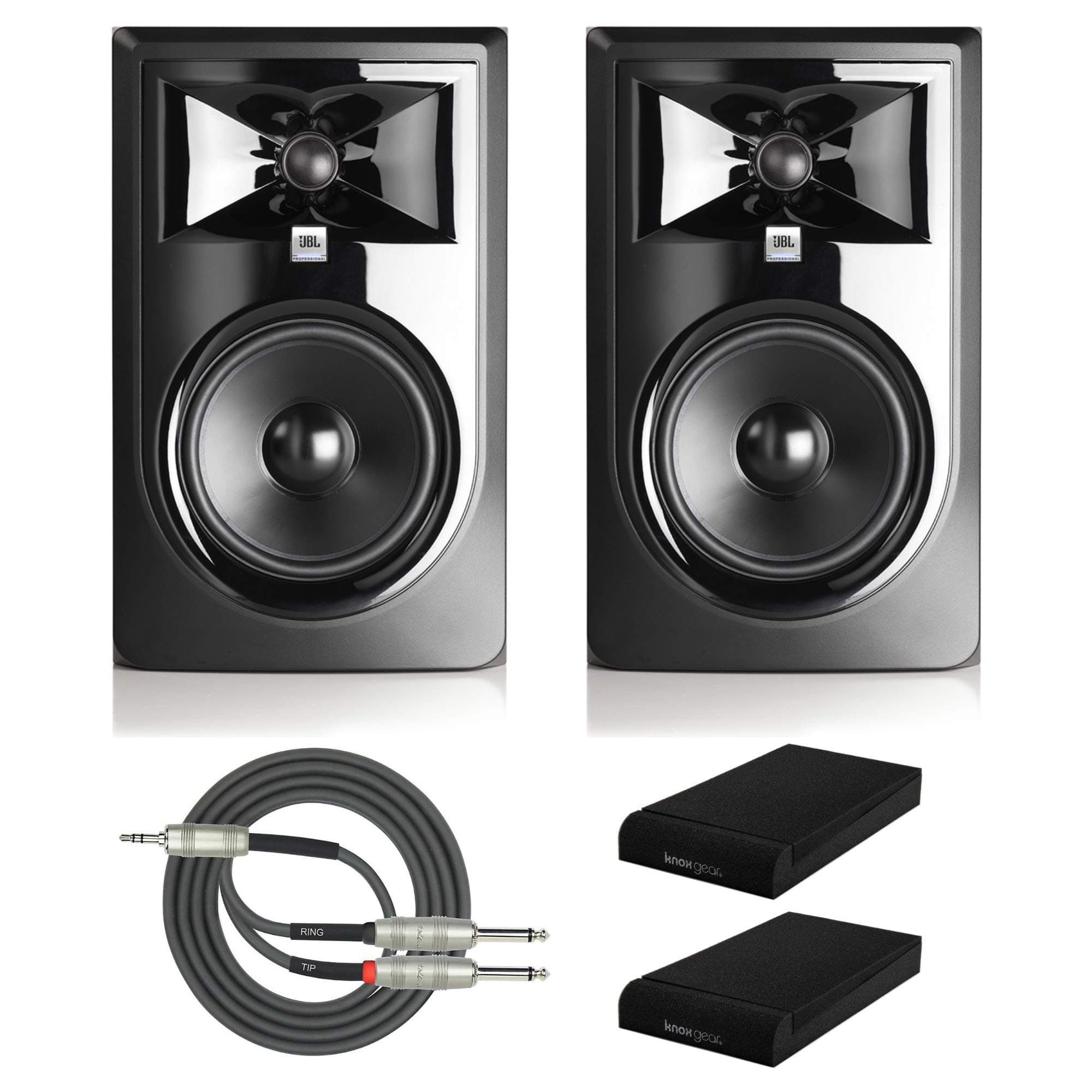 JBL 305P MkII Powered 5" Two-Way Studio Monitors (Pair) with Knox Gear Isolation Pads and Breakout Cable Bundle