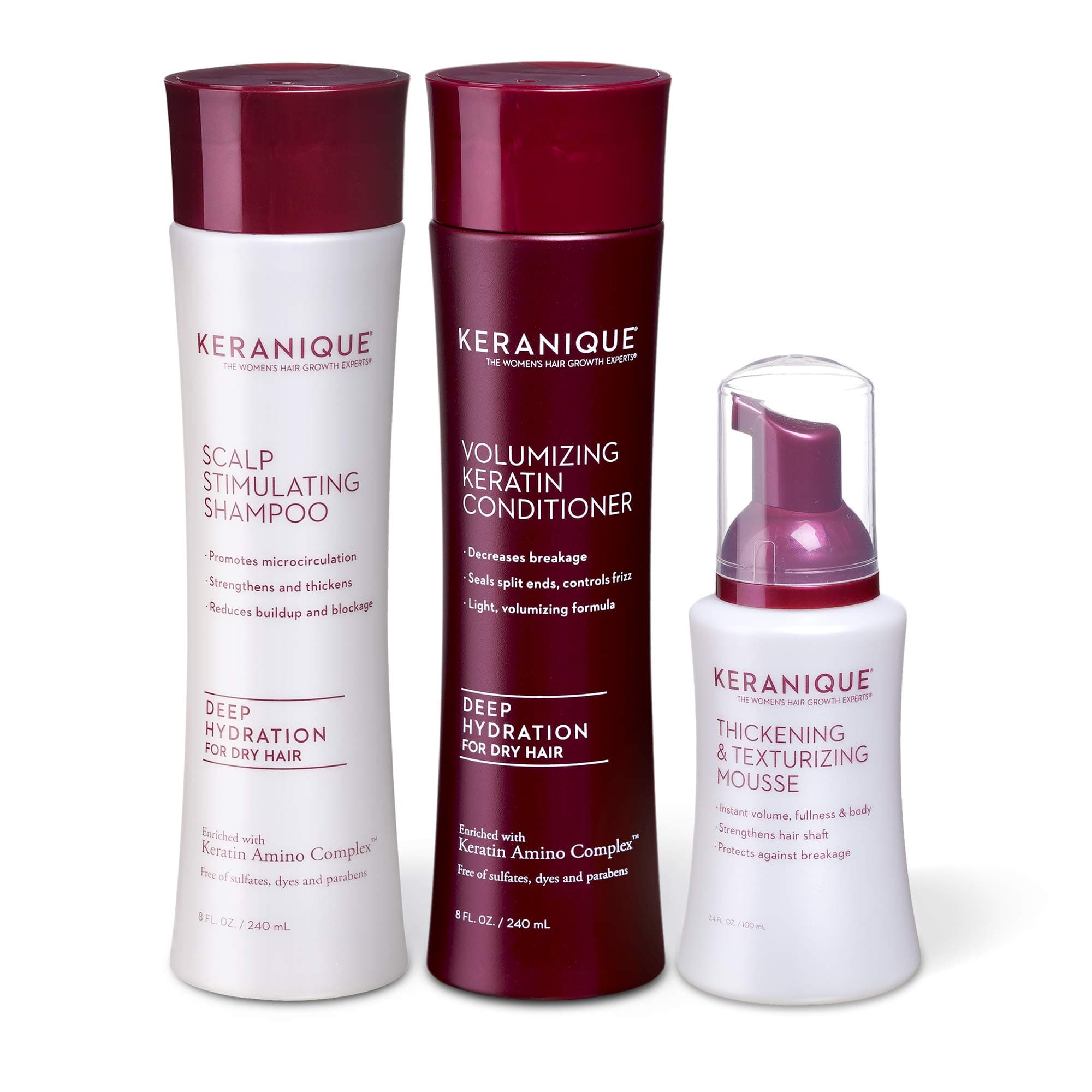 Keranique 60 Day Hair Thickening Kit, Deep Hydration, Shampoo, Conditioner & Texturizing Mousse, Free of Sulfates, Dyes and Parabens, Improves Hair...