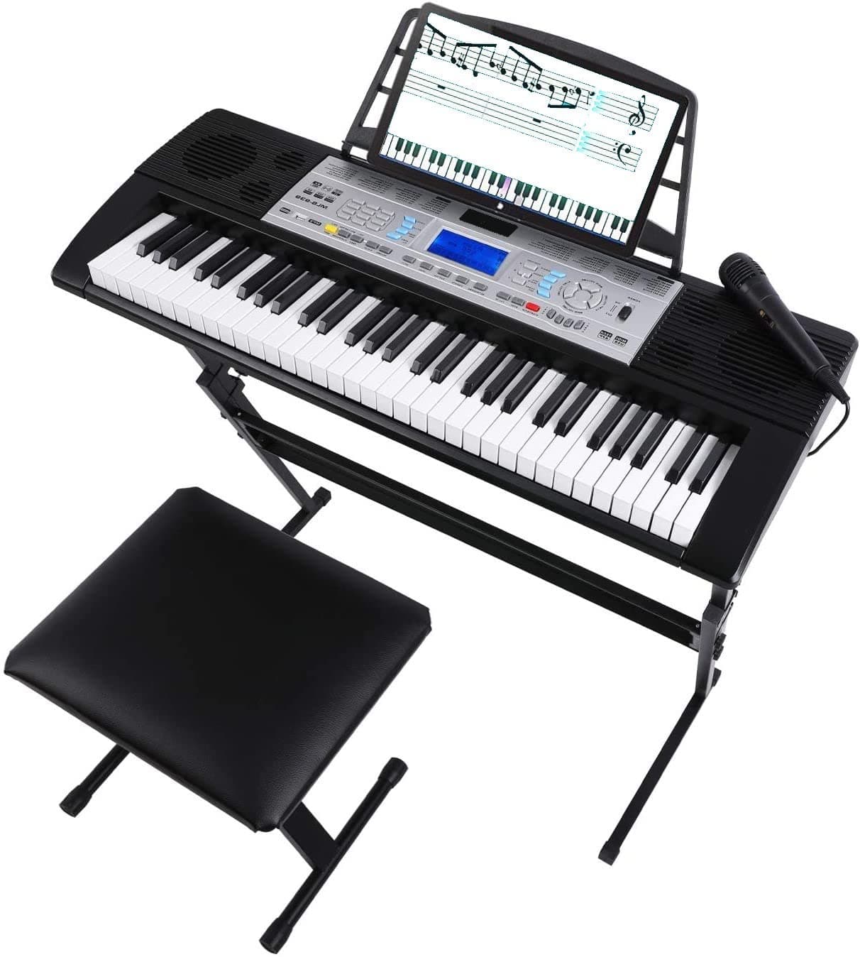 61 Keys Piano Keyboard Set, Electronic Keyboard Piano Digital Piano Kit for Beginners with Piano Stand, Piano Stool, Microphone