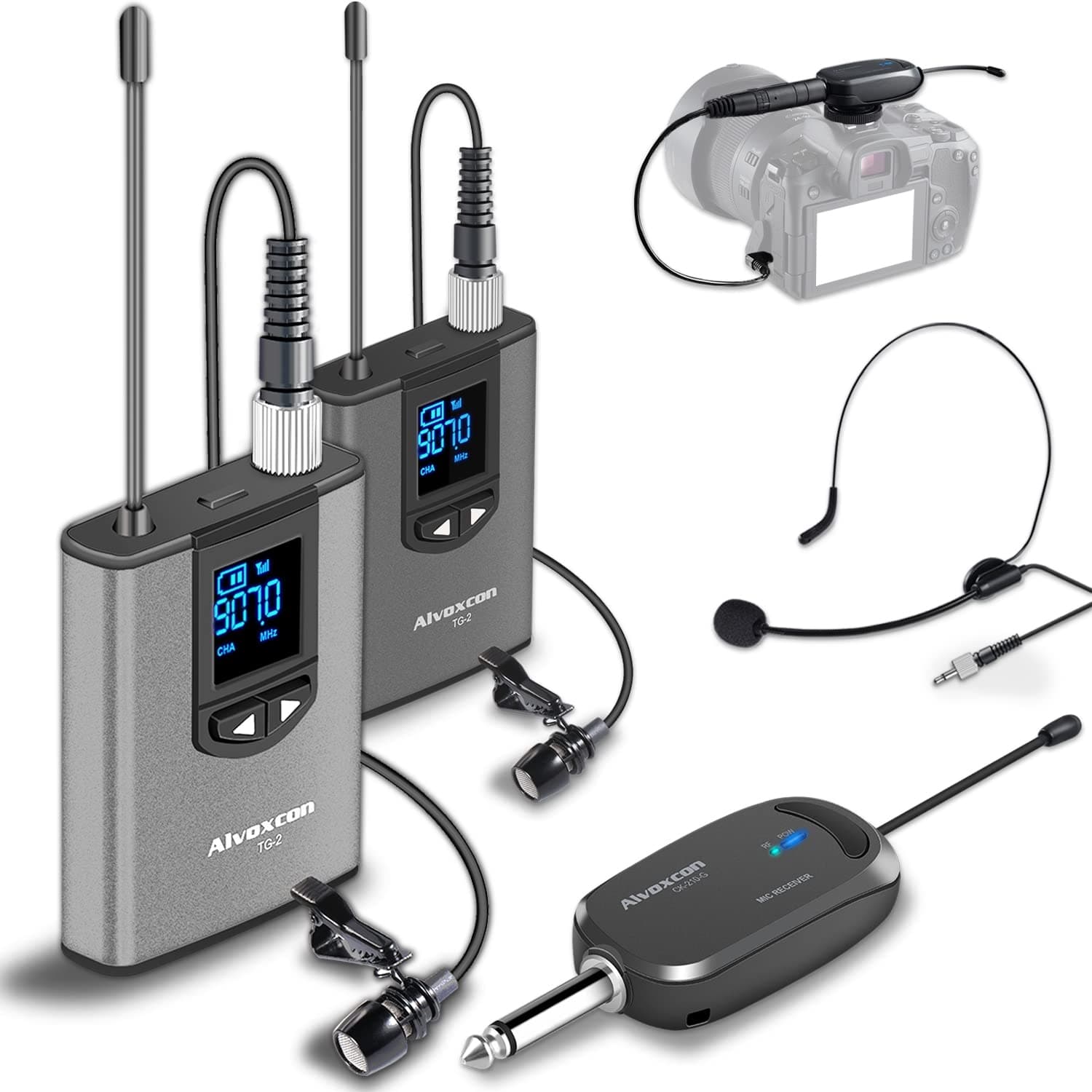 Wireless Headset Lavalier Microphone System -Alvoxcon Dual Wireless Lapel Mic for iPhone, DSLR Camera, PA Speaker, YouTube, Podcast, Video Recordin...