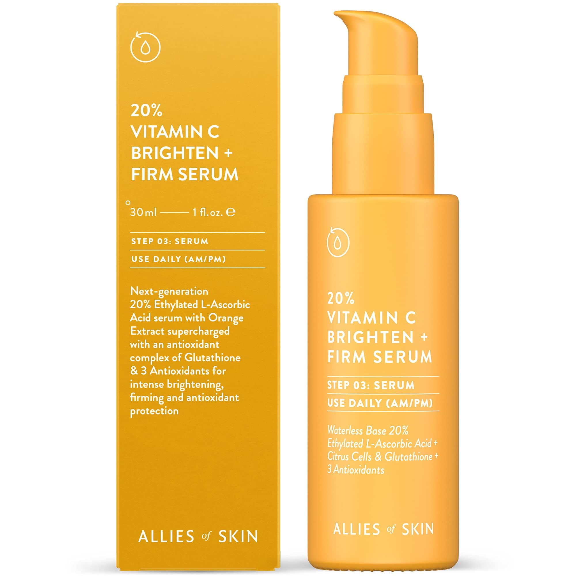 Allies of Skin 20% Vitamin C Brighten + Firm Serum: 20% Ethylated L-Ascorbic Acid + Orange Extract Complex with Glutathione. Waterless & Antioxidan...