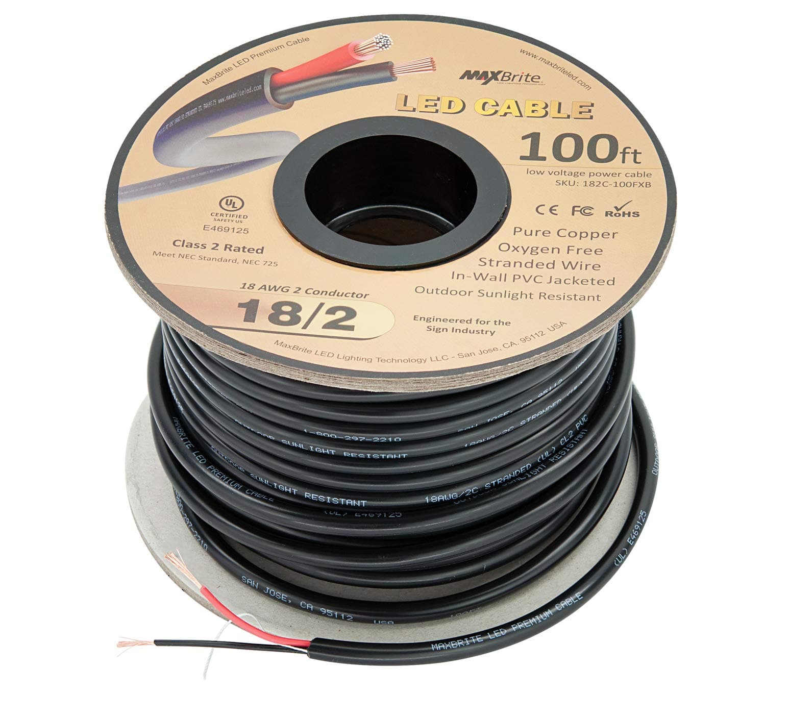 100 ft. 18AWG Low Voltage LED Cable, 2 Conductor, Outdoor Rated, Black Sleeve in-Wall Speaker Wire UL/cUL Class 2, Sunlight Resistant