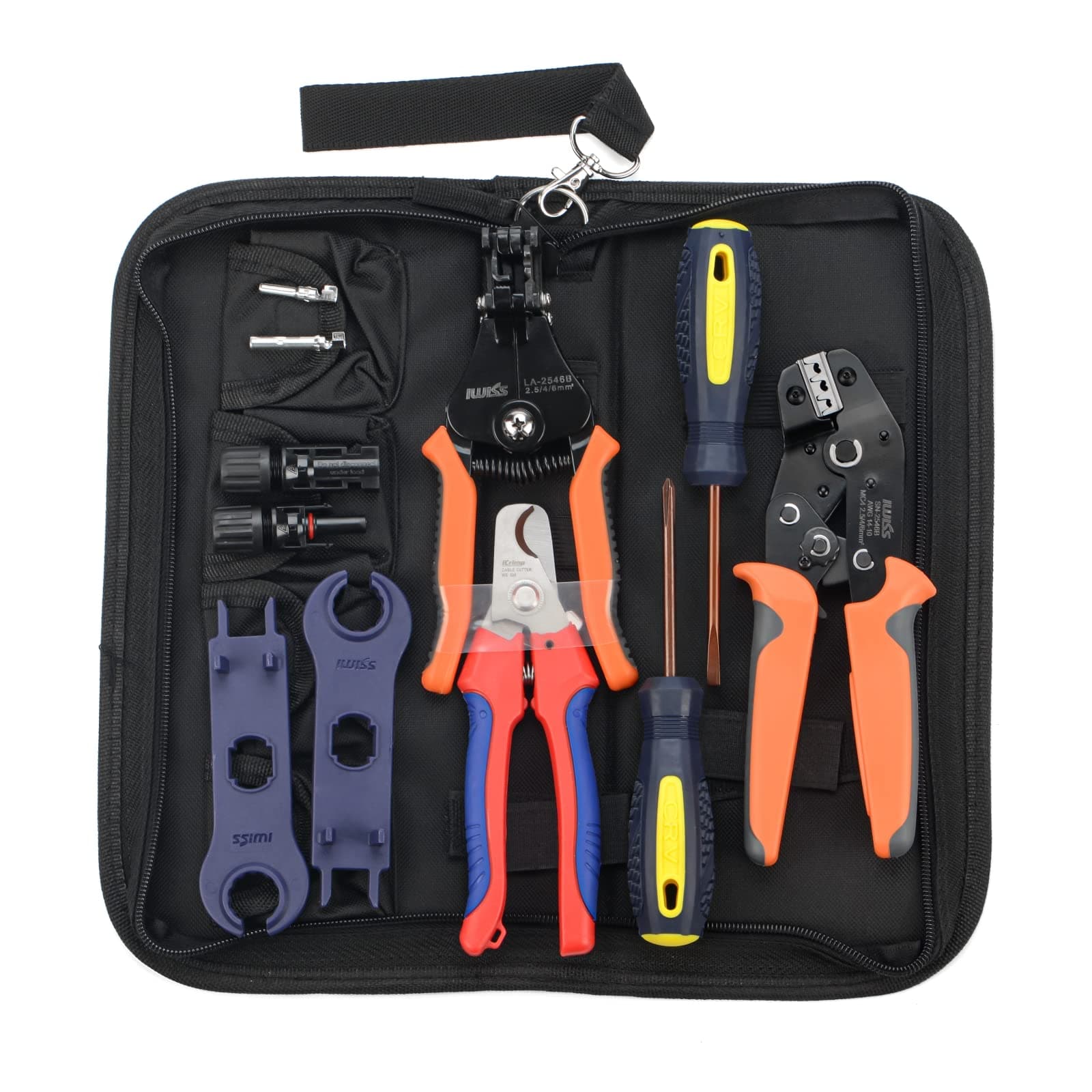 IWISS MC4 Solar PV Cable Crimping Tool Kit for 2.5/4/6mm ²with Stripper,Cutter,MC4 Spanner and MC4 Connectors-Oxford bag pack