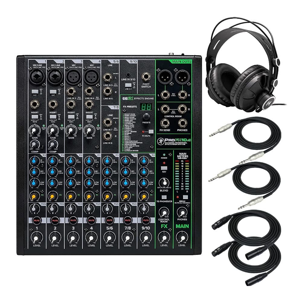 Mackie ProFX10v3 Unpowered 10-Channel FX USB Mixer Bundle - Includes Knox Gear TX-100 Closed-Back Studio Monitor Headphones, 1/4" TRS Cables, &...