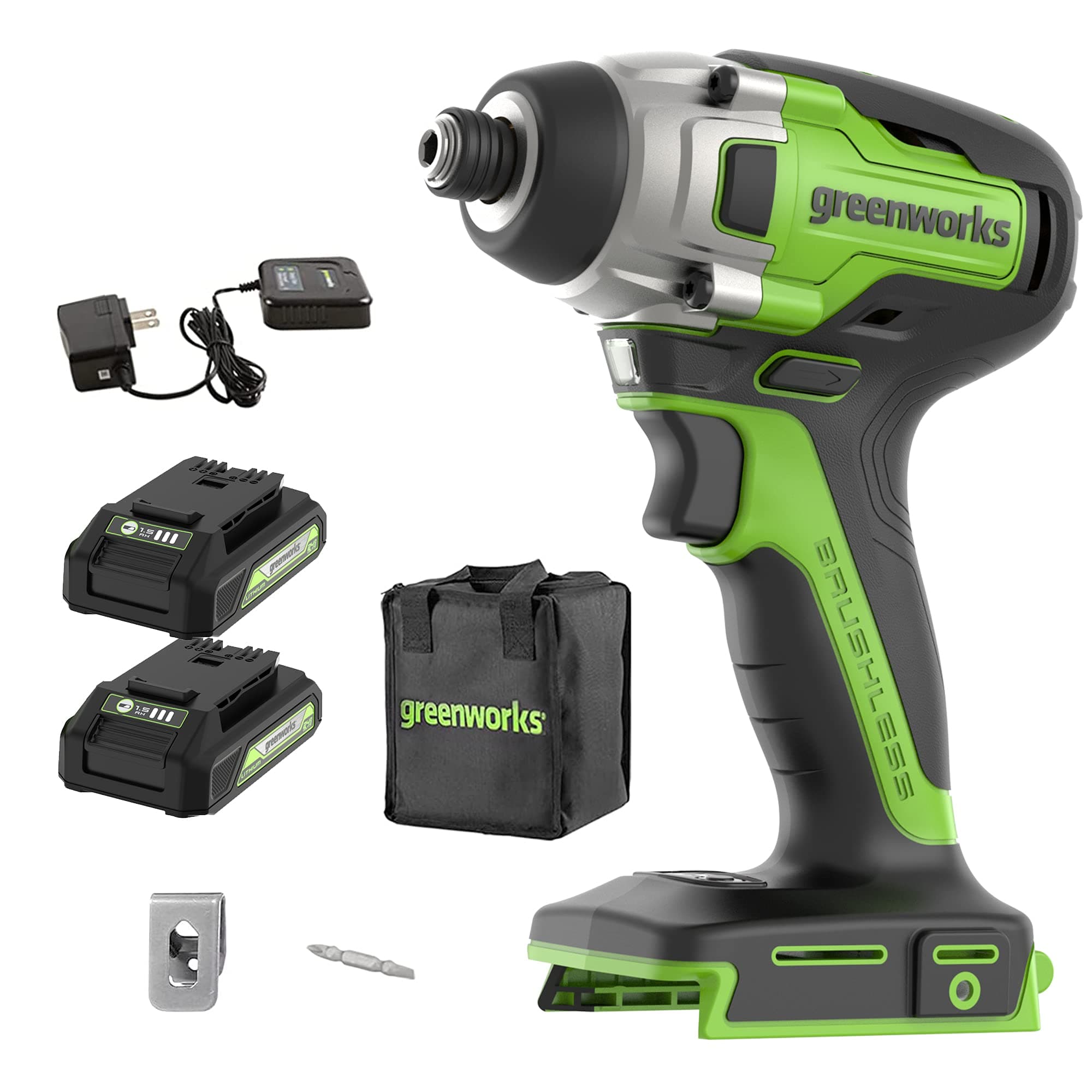 Greenworks 24V Brushless Impact Driver - 2640 in./lbs Torque, 1/4'' Hex Cordless impact driver set, 2 X USB (Power Bank) Batteries and Charger
