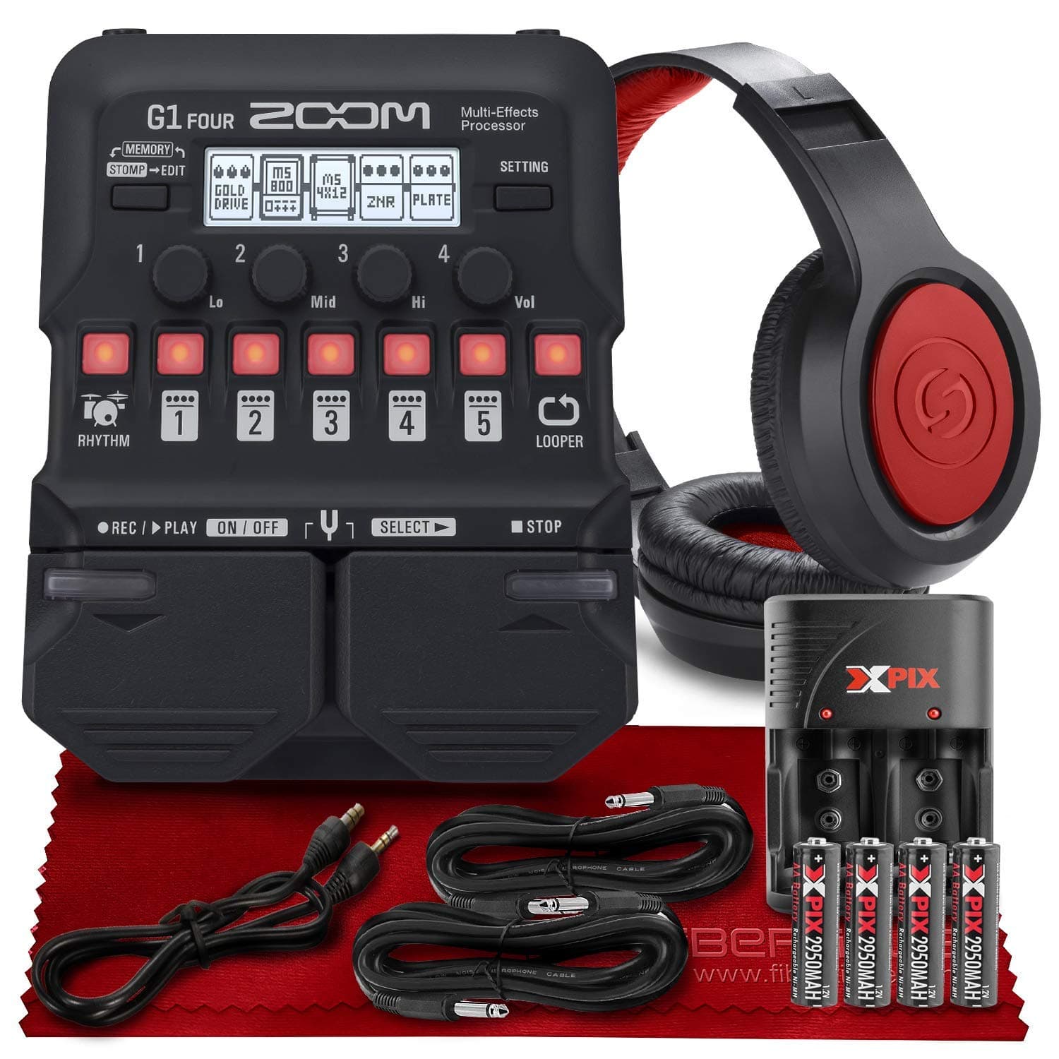 Zoom G1 Four Guitar Multi-Effects Processor + SR360 Over-Ear Dynamic Stereo Headphones, Rechargeable AA Batteries with Quick Travel Charger and Cab...