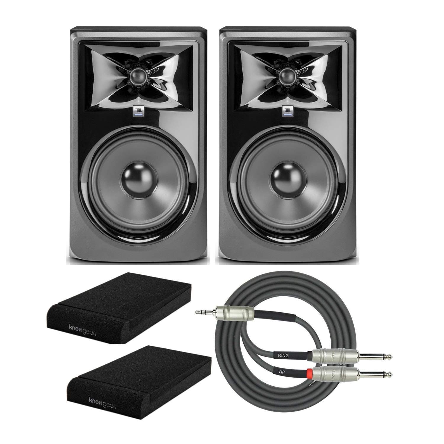 JBL 308P MkII Powered 8-inch Two-Way Studio Monitor (Pair) with Knox Isolation Pads and Breakout Cable Bundle (4 Items)