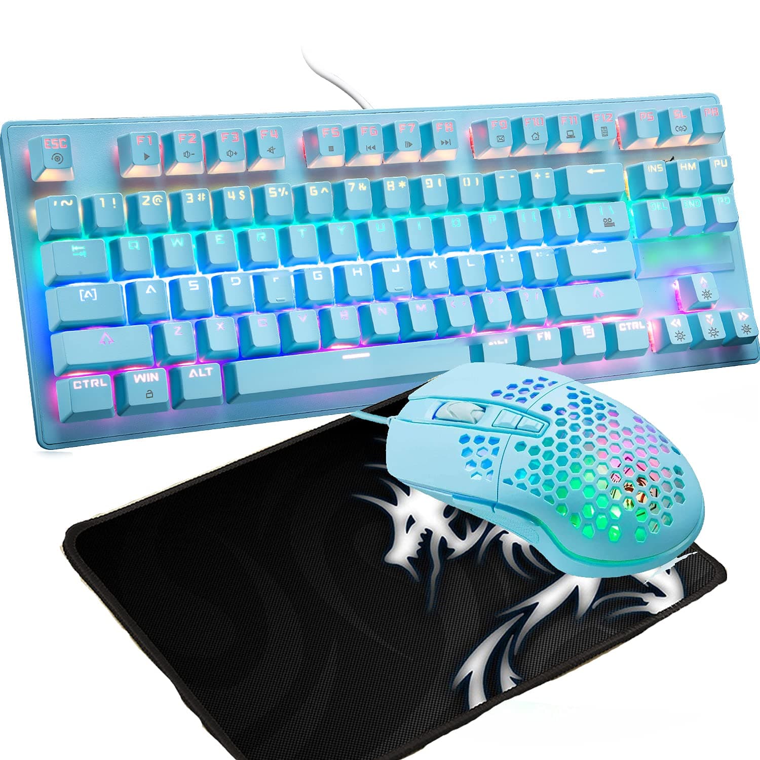 Mechanical Keyboard ,Wired Rainbow LED Backlit 87 Key Waterproof Gaming Keyboard + Gaming Mouse 6400 DPI RGB Mouse and Mousr pad for PC PS4(Blue)