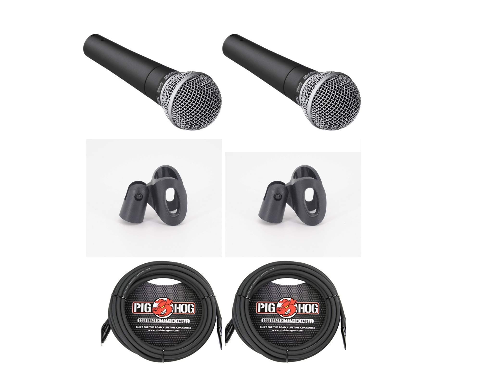 Shure SM58-LC Cardioid Dynamic Vocal Microphone w/Pig Hog 15' High Performance Tour Grade 8mm XLR Microphone Cables, Sonic Fiber Wired Mic Clips