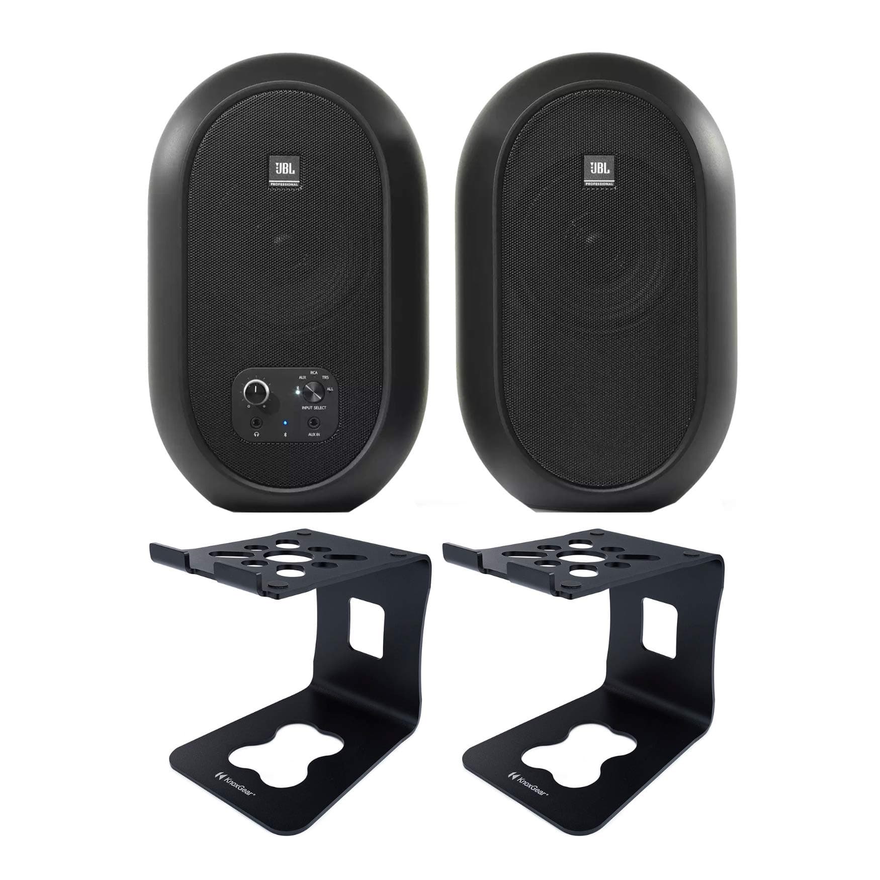 JBL 104-BT Desktop Professional Reference Monitors Pair with Bluetooth (Black) with Aluminum Speaker Stands Bundle (2 Items)