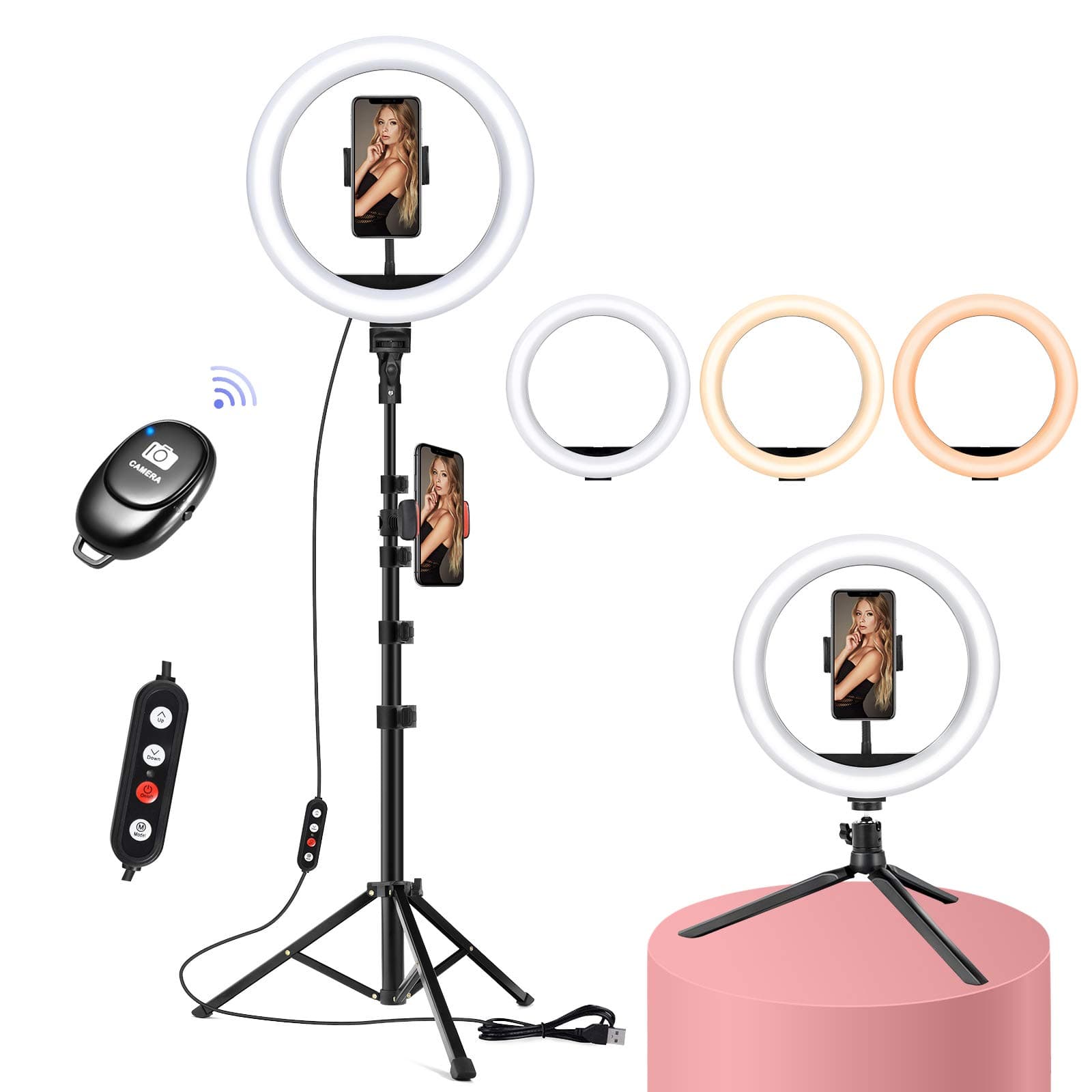 10'' Ring Light with 2 Tripod Stands, TonyKey Dimmable Ringlight with 3 Phone Holders, USB Powered Circle Light for Selfie Makeup Video You...