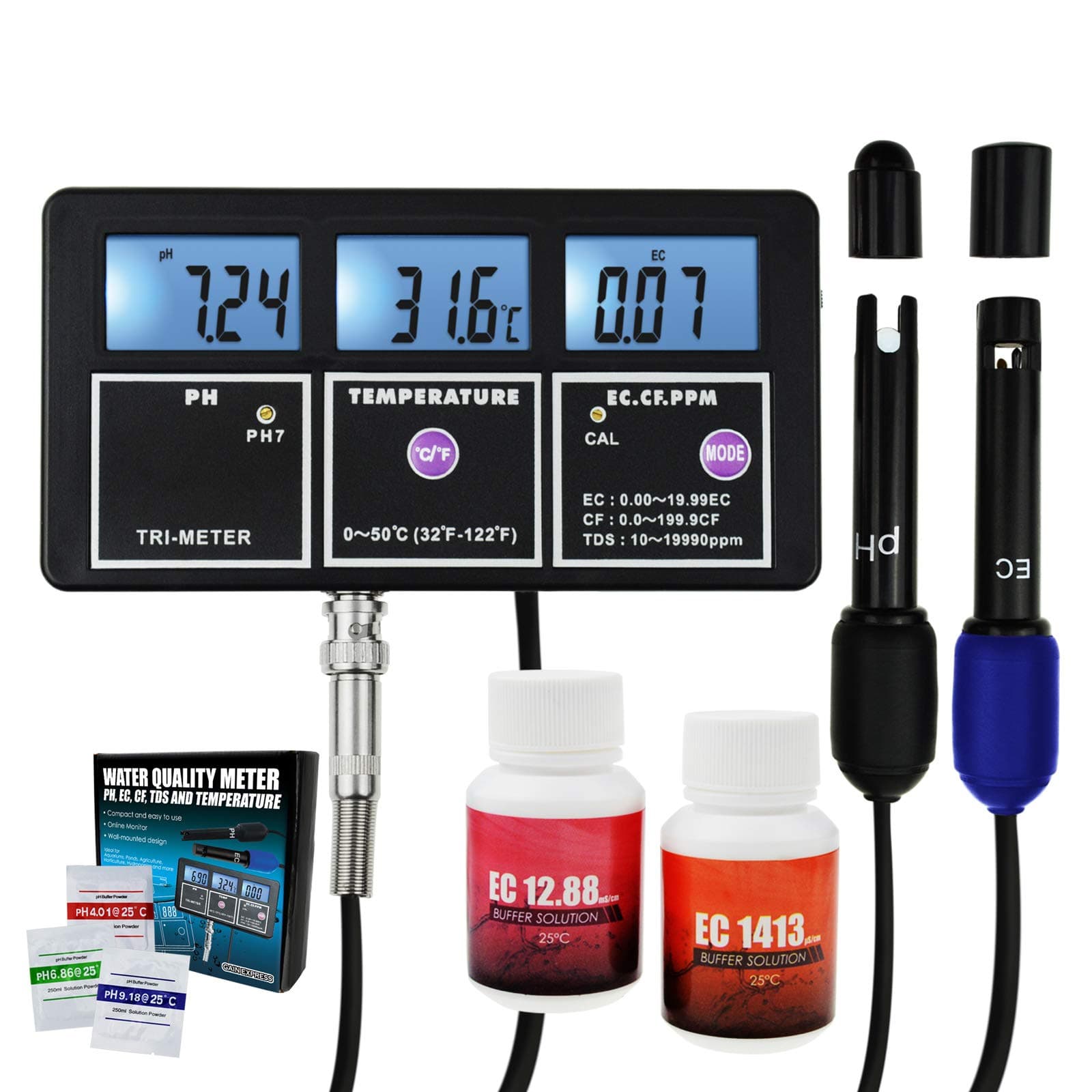 5-in-1 Water Quality Multi-Parameter PH EC CF TDS (ppm) Temperature Test Meter Backlight, Wall-mountable Rechargeable Continuous Monitor Tester, Aq...