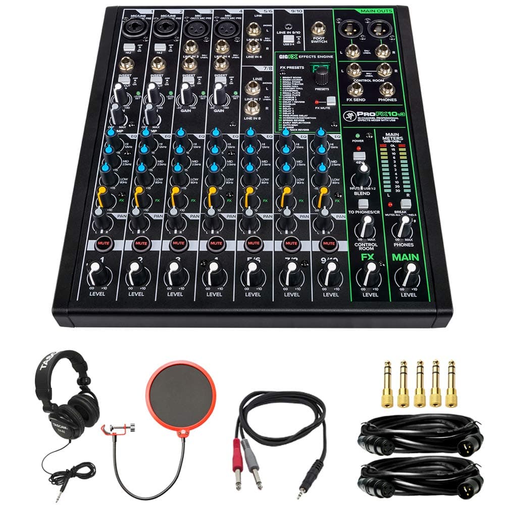 Mackie PROFX10V3 10 Channel Professional Effects Mixer with USB Bundle with Tascam Closed-Back Professional Headphones Black TH-02-B and Deluxe Acc...
