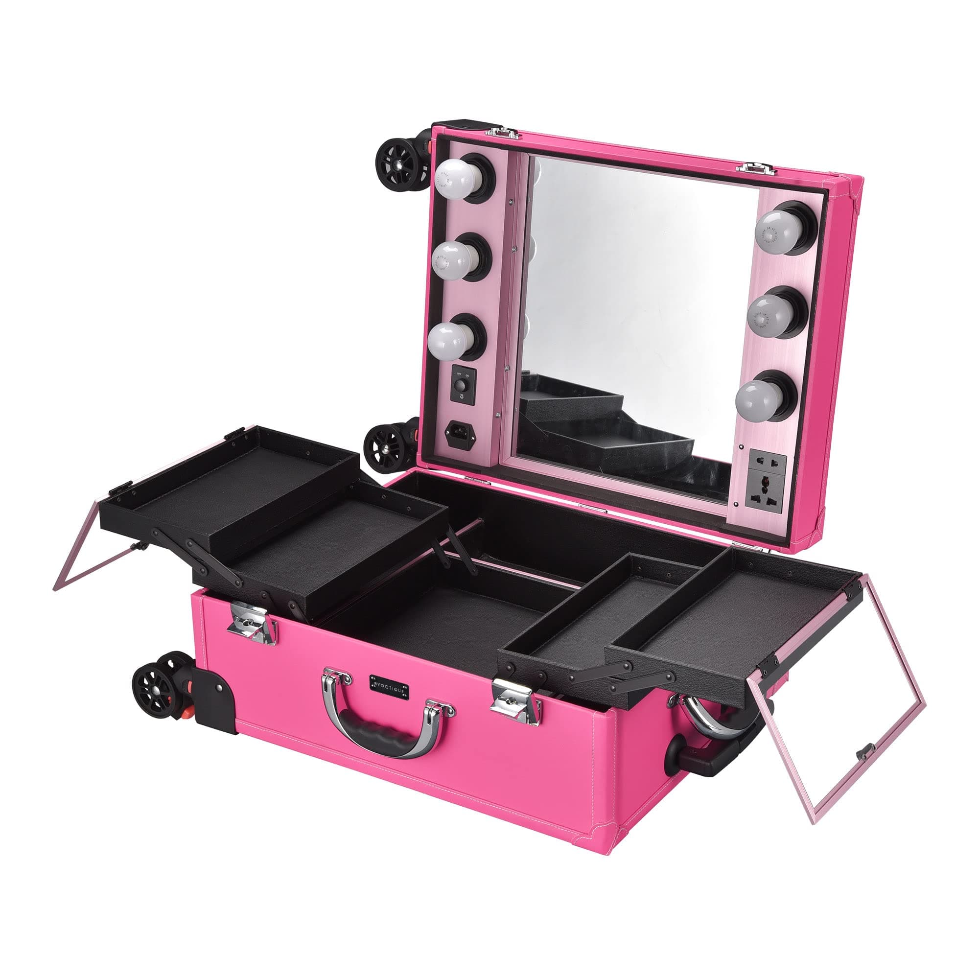 Byootique Hot Pink Rolling Makeup Case with Mirror Light Cosmetic Work Station Extendable Tray Universal Wheel for Storage Luggage Travel Studio