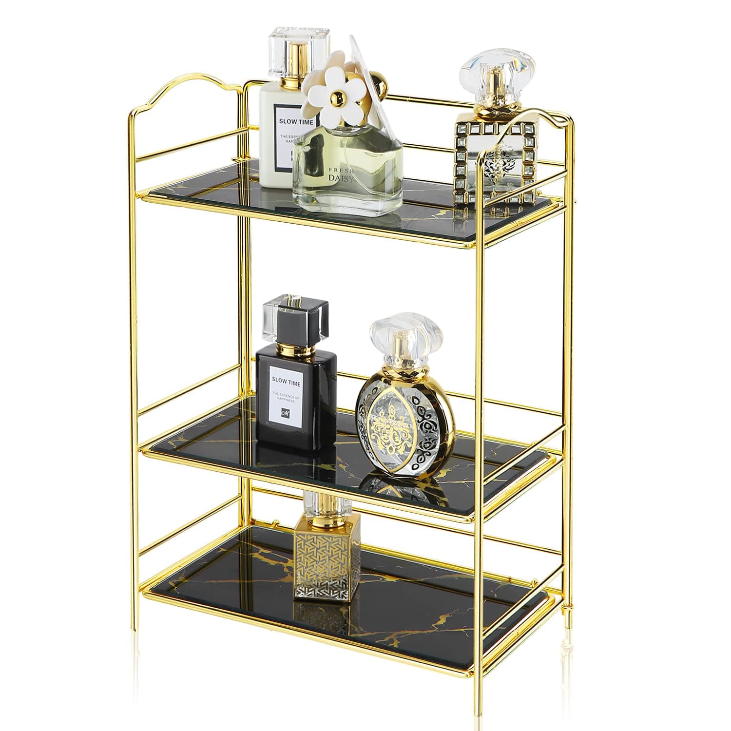 Simmer Stone 3 Tier Makeup Perfume Organizer Shelf, Cosmetic Storage Corner Shelf with Removable Glass Tray, Wire Vanity Organizer Rack for Dresser...