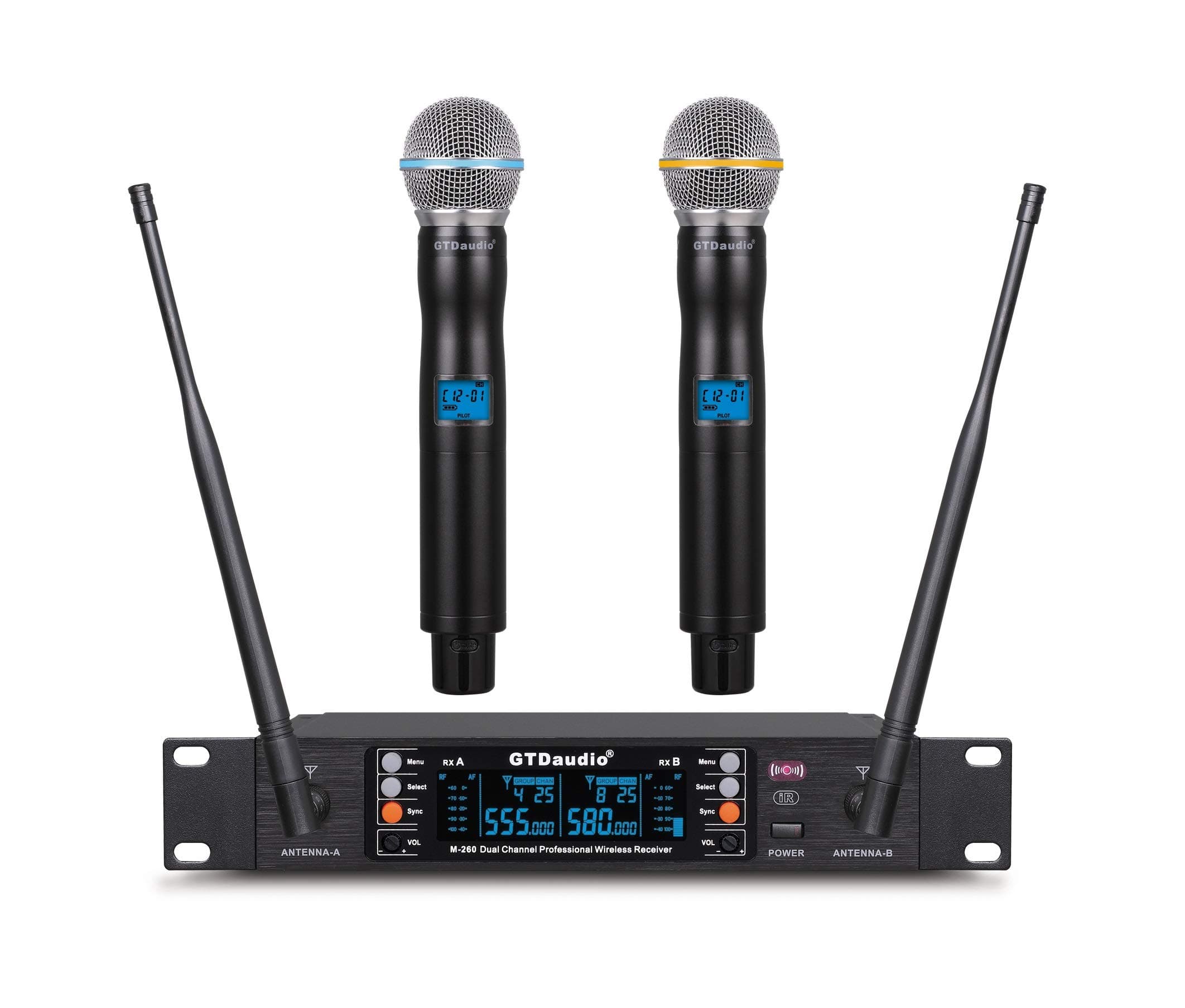GTD Audio 2x100 Adjustable Channels UHF Diversity Wireless Microphone, Rang up to 450ft DJ Karaoke System w/Metal Mics (2 Hand Mics)