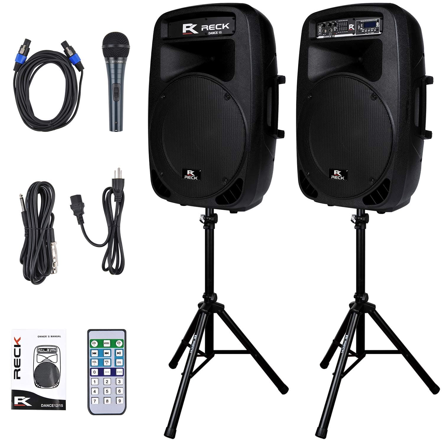 Proreck Dance 15 Portable 15-Inch 2000 Watt 2-Way Powered PA Speaker System Combo Set with Bluetooth/USB/SD Card Reader/FM Radio/Remote Control/LED...