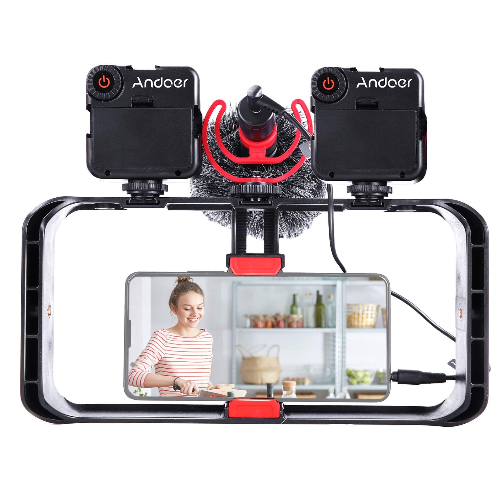 Andoer Smartphone Video Rig Kit Including Smartphone Cage with 3 Cold Shoe Mounts + 2pcs Mini LED Video Lights + Microphone with Shock Mount Wind S...