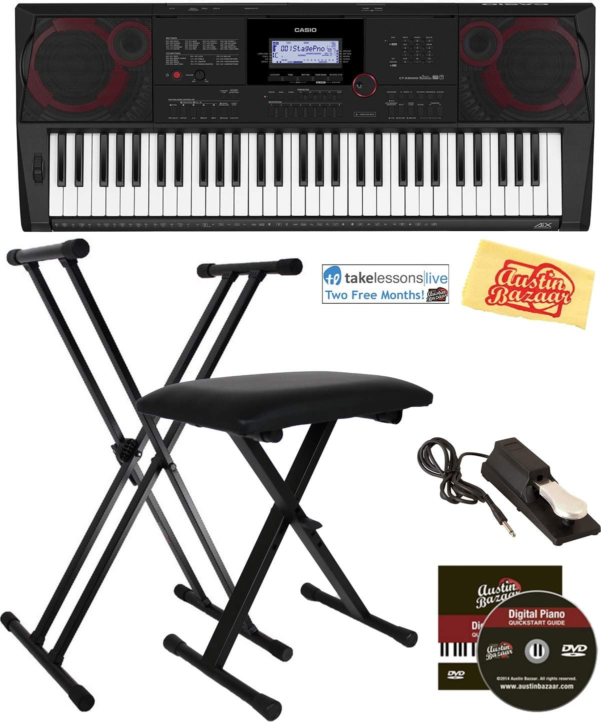 Casio CT-X3000 61-Key Keyboard Bundle with Adjustable Stand, Bench, Sustain Pedal, Online Lessons, Austin Bazaar Instructional DVD, and Polishing C...
