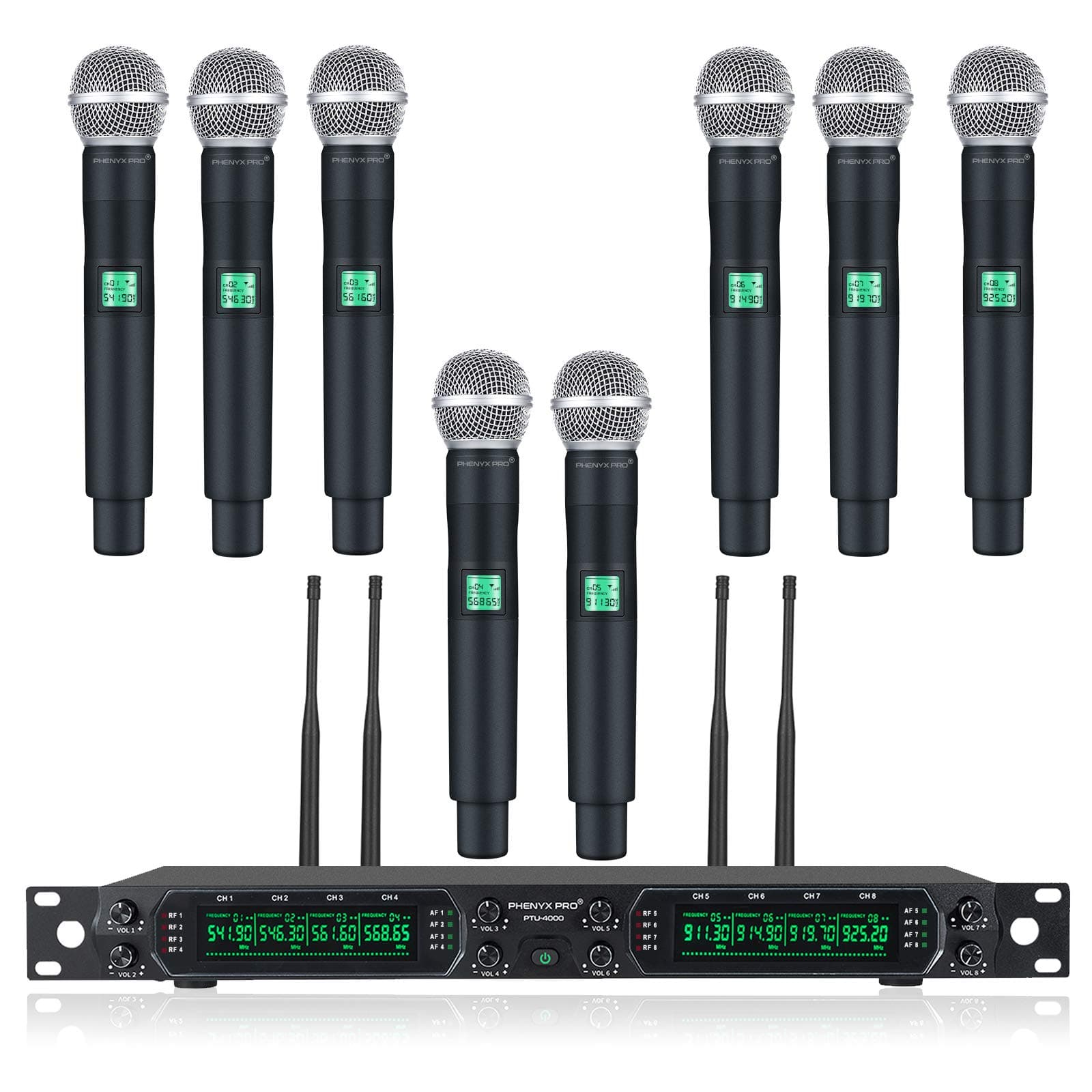 Wireless Microphone System, Phenyx Pro 8-Channel UHF Cordless Mic Set with Eight Handheld Mics, Fixed Frequency, All Metal Build, Long Range 260ft,...
