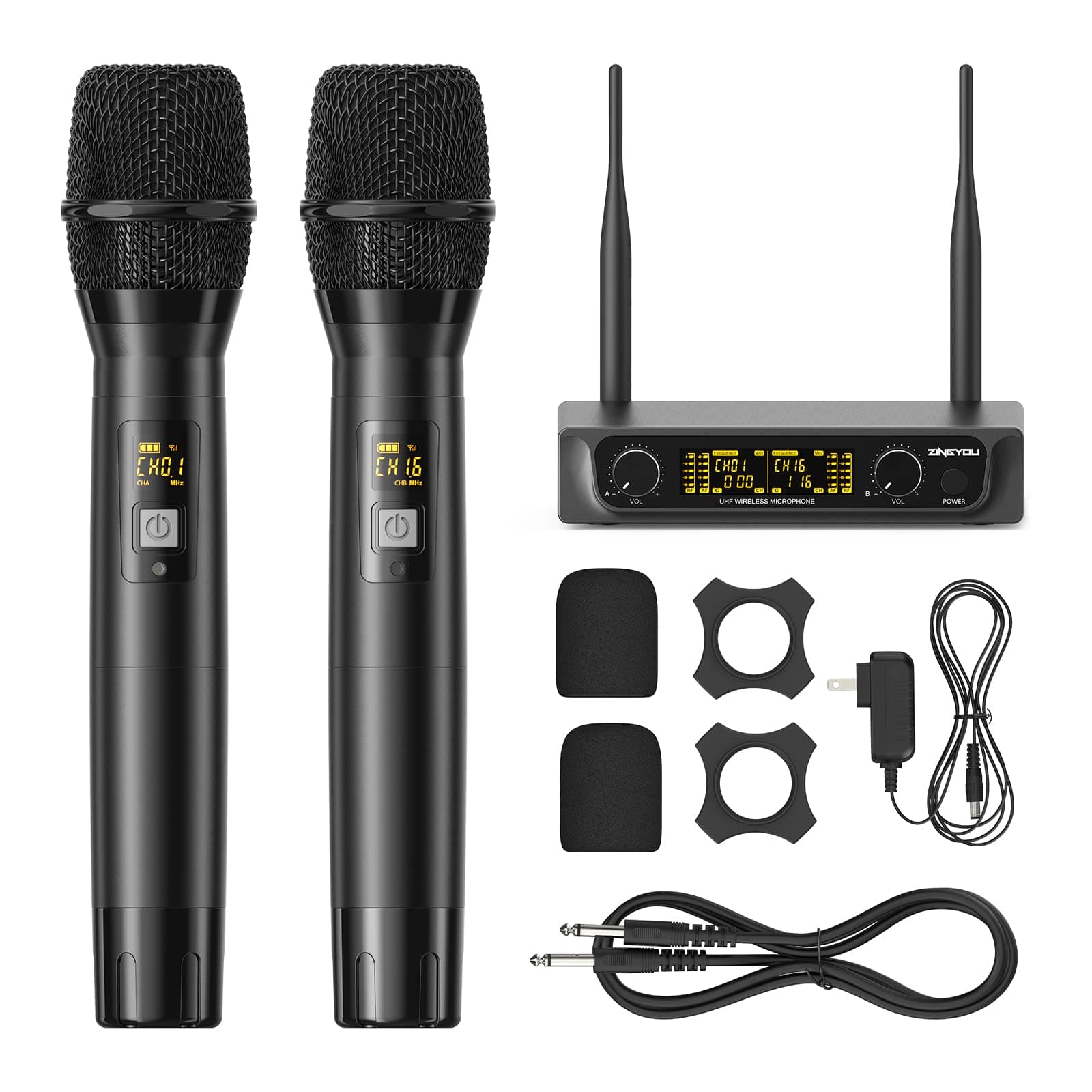 Wireless Microphone System, ZINGYOU UHF Professional Dual Handheld Dynamic Cordless Microphone Set with LCD Display, Suitable for Karaoke, Party Si...