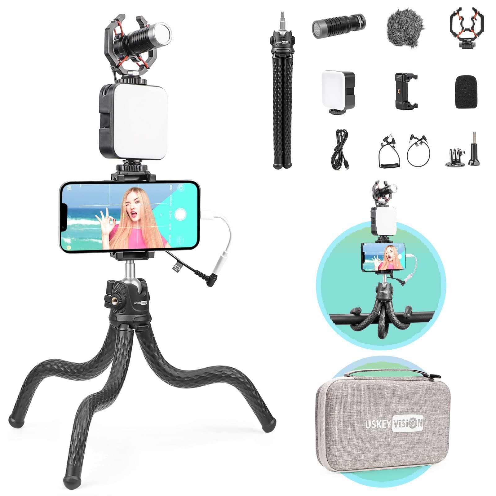 USKEYVISION Flexible Vlogging Kit, with Flexible Tripod+Metal Microphone+Video Light+Phone Clip for iPhone, Smartphones and Cameras(Flex-K1)