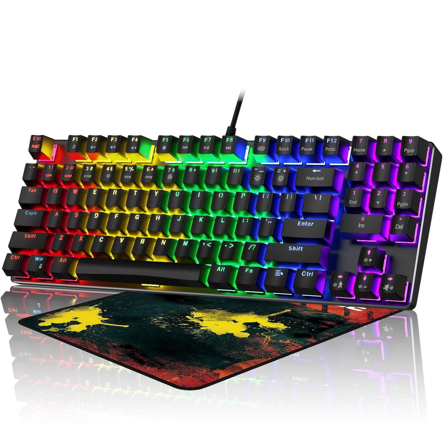 [2022 New Version] Mechanical Gaming Keyboard, RGB LED Rainbow Backlit Wired Keyboard - Compact 89 Keys with Multimedia Keys and Number Keys, for P...