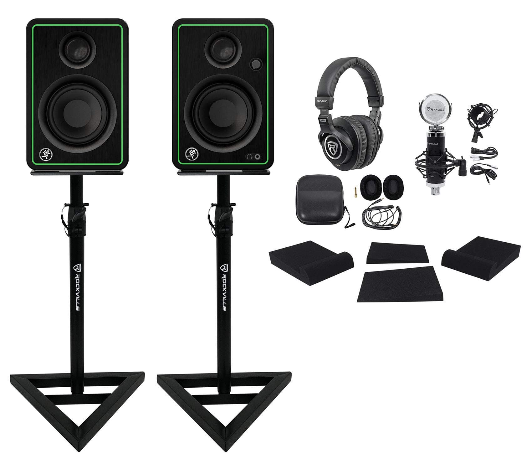Mackie CR3-X 3" Monitors Speakers Bundle with PRO-M50 Headphones w/Cable,Case,Pad, RCM03 Condenser Mic, RRS190S Foam Isolation Pads and Rockvil...
