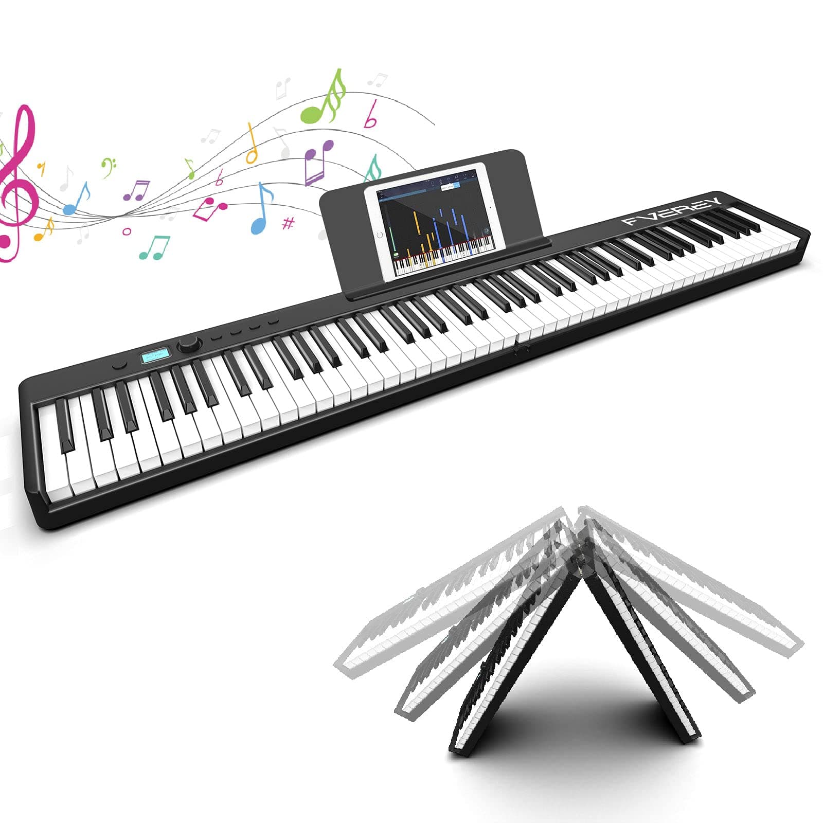 Fverey Folding Piano Keyboard 88 Key Full Size Semi-Weighted Foldable Piano,Bluetooth Portable Electric Piano with Sheet Music Stand,Sustain Pedal,...