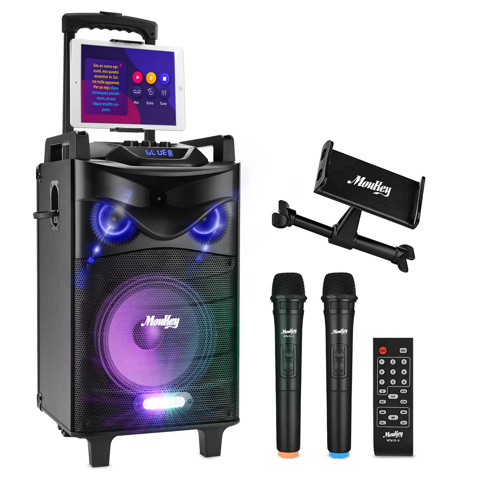 Moukey Karaoke Machine, 10" Subwoofer PA System, Portable Bluetooth Speaker with 2 Wireless Microphones, Tablet Holder, Remote, Disco Lights & ...
