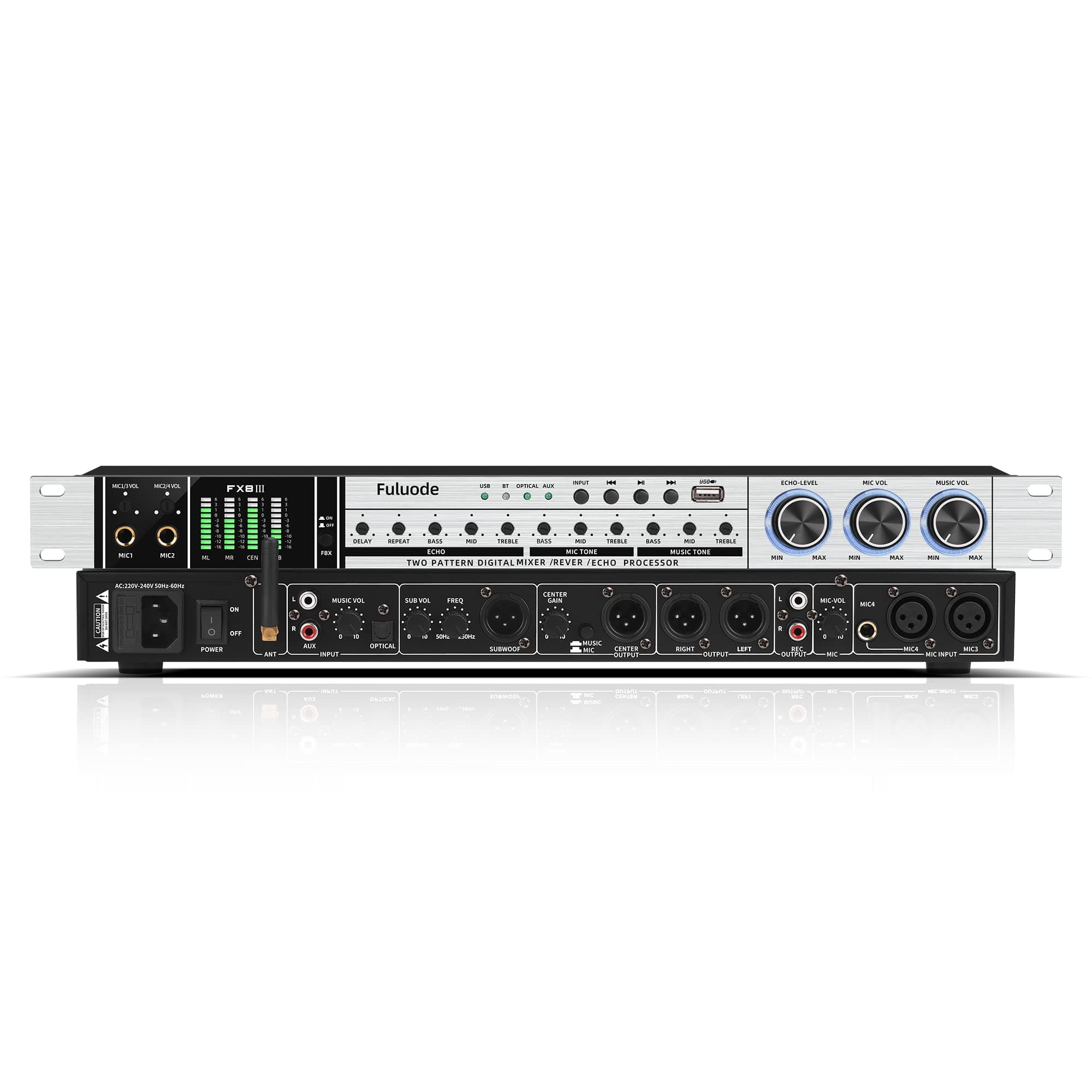 Fuluode FX8-III Digital Mixer Reverberator Microphone KTV Karaoke Audio Processor Anti-howling Digital reverberator(NO Microphone, Silver)