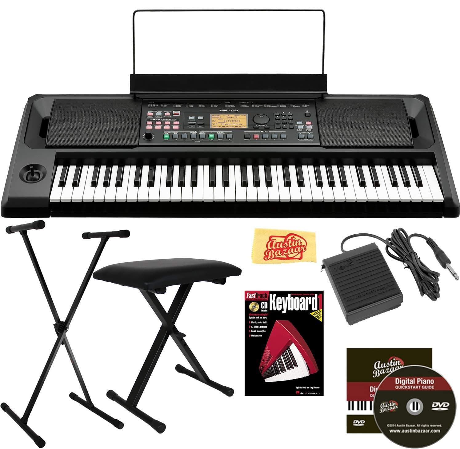 Korg EK-50 61-Key Entertainer Keyboard Bundle with Adjustable Stand, Bench, Sustain Pedal, Instructional Book, Austin Bazaar Instructional DVD, and...