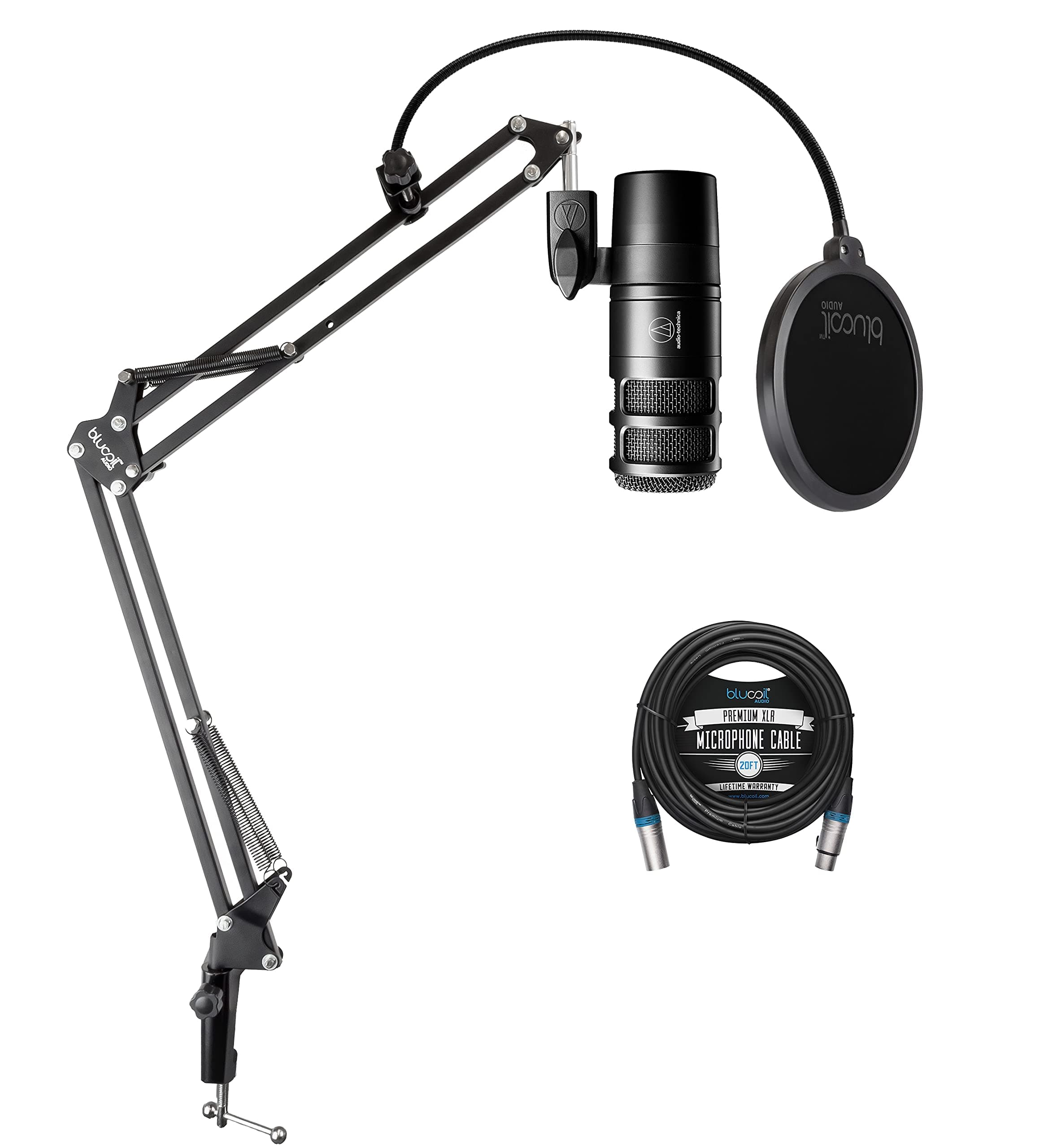 Audio Technica AT2040 Hypercardioid Dynamic Podcast Microphone with XLR Connection, Integrated Shockmount Bundle with Blucoil 20-FT Balanced XLR Ca...
