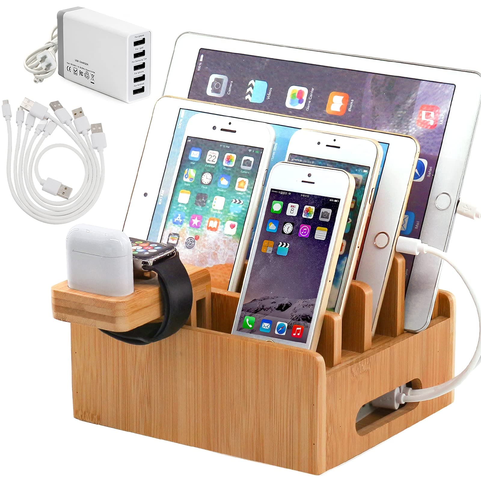Bamboo Charging Station for Multiple Devices with 5 Port USB Charger, 5 Cables and Smart Watch & Earbuds Stand. Pezin & Hulin Desk Docking Stations...