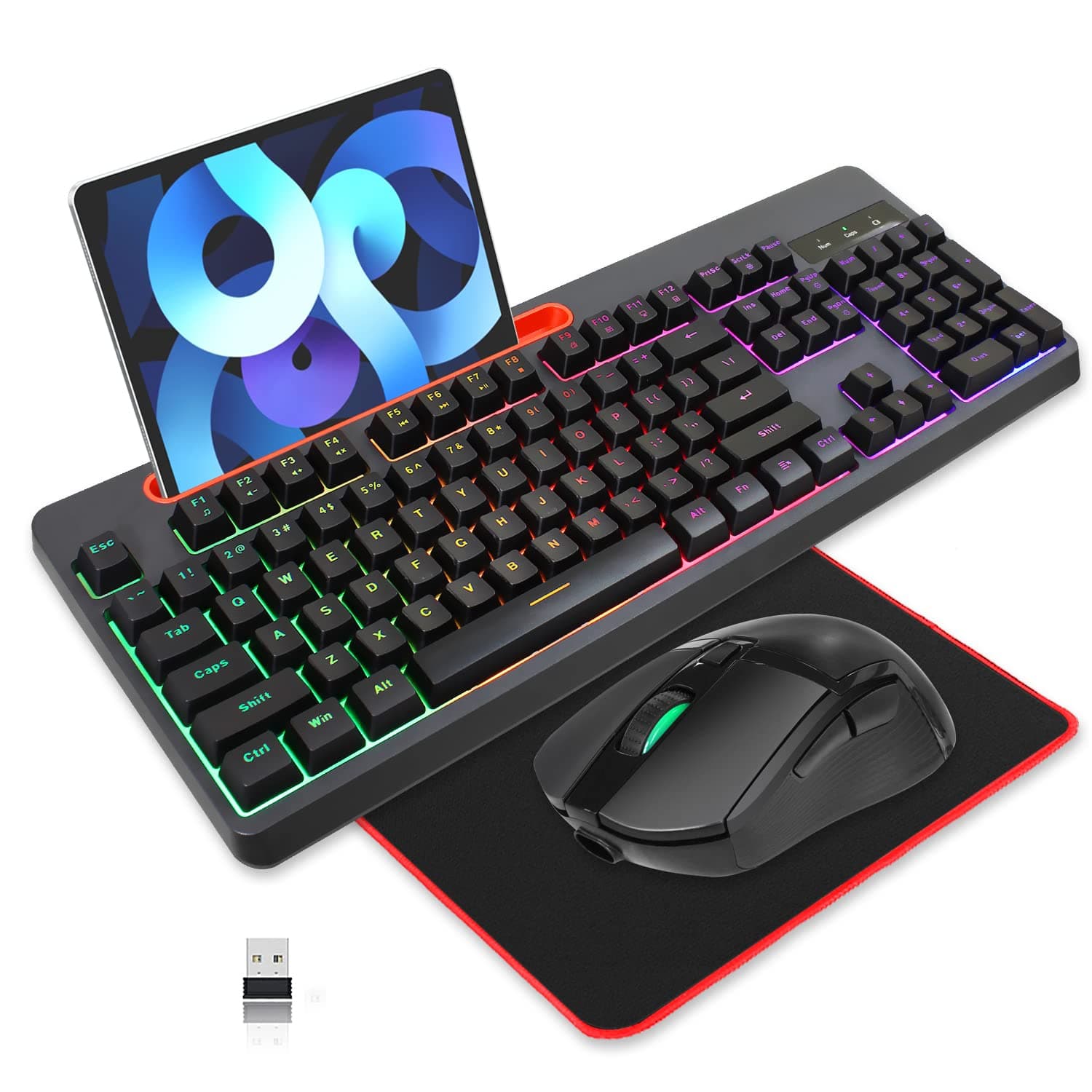 Wireless Gaming Keyboard and Mouse Combo, Snpurdiri Rainbow Backlit Mechanical Feeling Rechargeable Full Size Anti-ghosting Keyboard with Tablet/Ph...