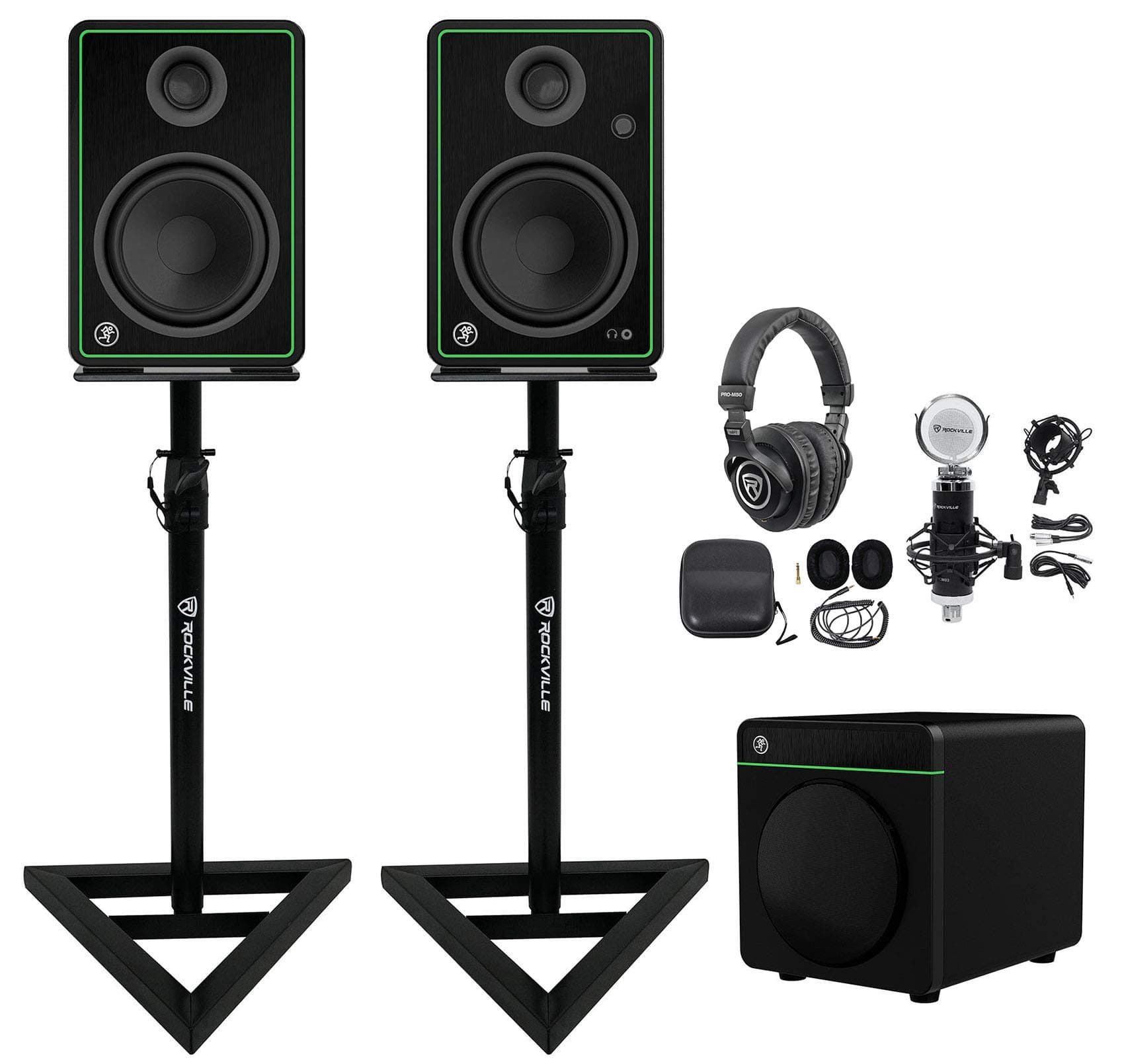 Mackie CR5-XBT Multimedia Monitors Speakers Bundle with Mackie CR8S-XBT Subwoofer w/ Remote, PRO-M50 Headphones w/Coil Cable, Rockville RCM03 Mic+S...