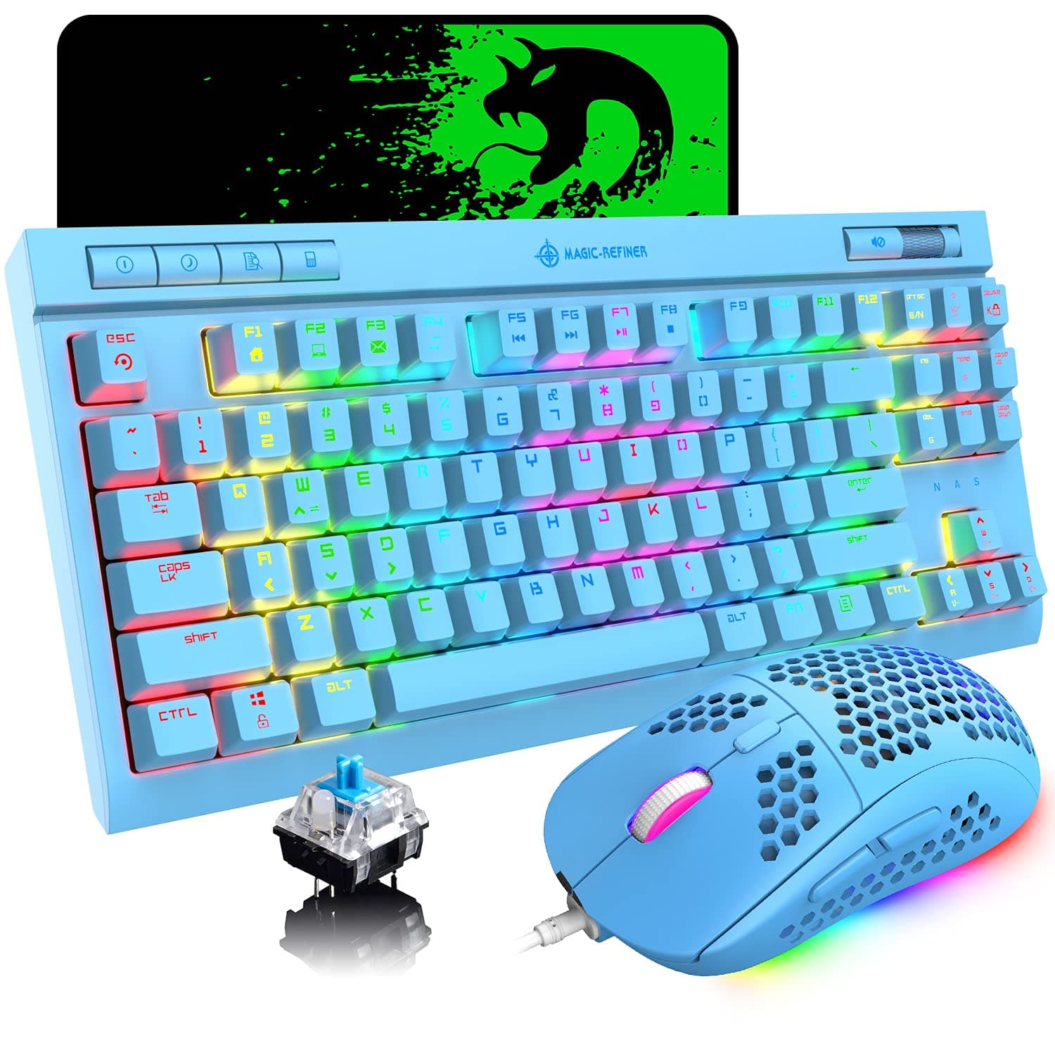 RGB Rainbow Mechanical Gaming Keyboard and Mouse Combo Blue Switch 87 Keys Backlit Keybaord with Lightweight Honeycomb Shell Wired RGB Gaming Mouse...